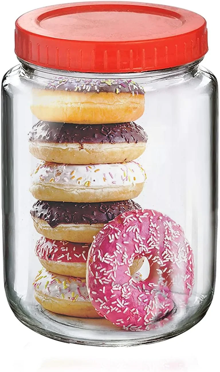 ظروف شیشه ای گرد پیرامال برای نگهداری مواد غذایی در آشپزخانه، تنقلات، ادویه جات، ترشیجات، میوه های خشک و دانه های قهوه با درب پلاستیکی قرمز (ظرف آهار 1000 میلی لیتر، مجموعه 6 عددی)