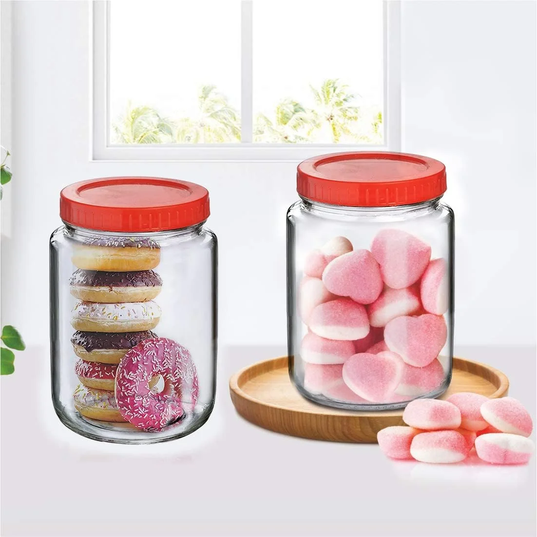 ظروف شیشه ای گرد پیرامال برای نگهداری مواد غذایی در آشپزخانه، تنقلات، ادویه جات، ترشیجات، میوه های خشک و دانه های قهوه با درب پلاستیکی قرمز (ظرف آهار 1000 میلی لیتر، مجموعه 6 عددی)