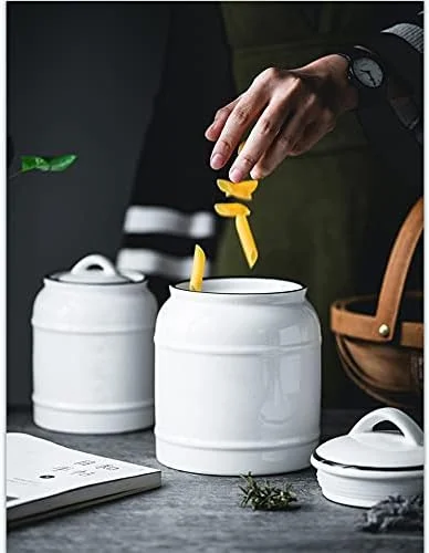 ظرف سرامیکی بزرگ درب دار کوکویا، مناسب نگهداری مواد غذایی خشک، ظرف آشپزخانه фармhouse گرد و سنگین برای نگهداری آبنبات، حبوبات، آرد، تنقلات، کلوچه و غلات (سفید)
