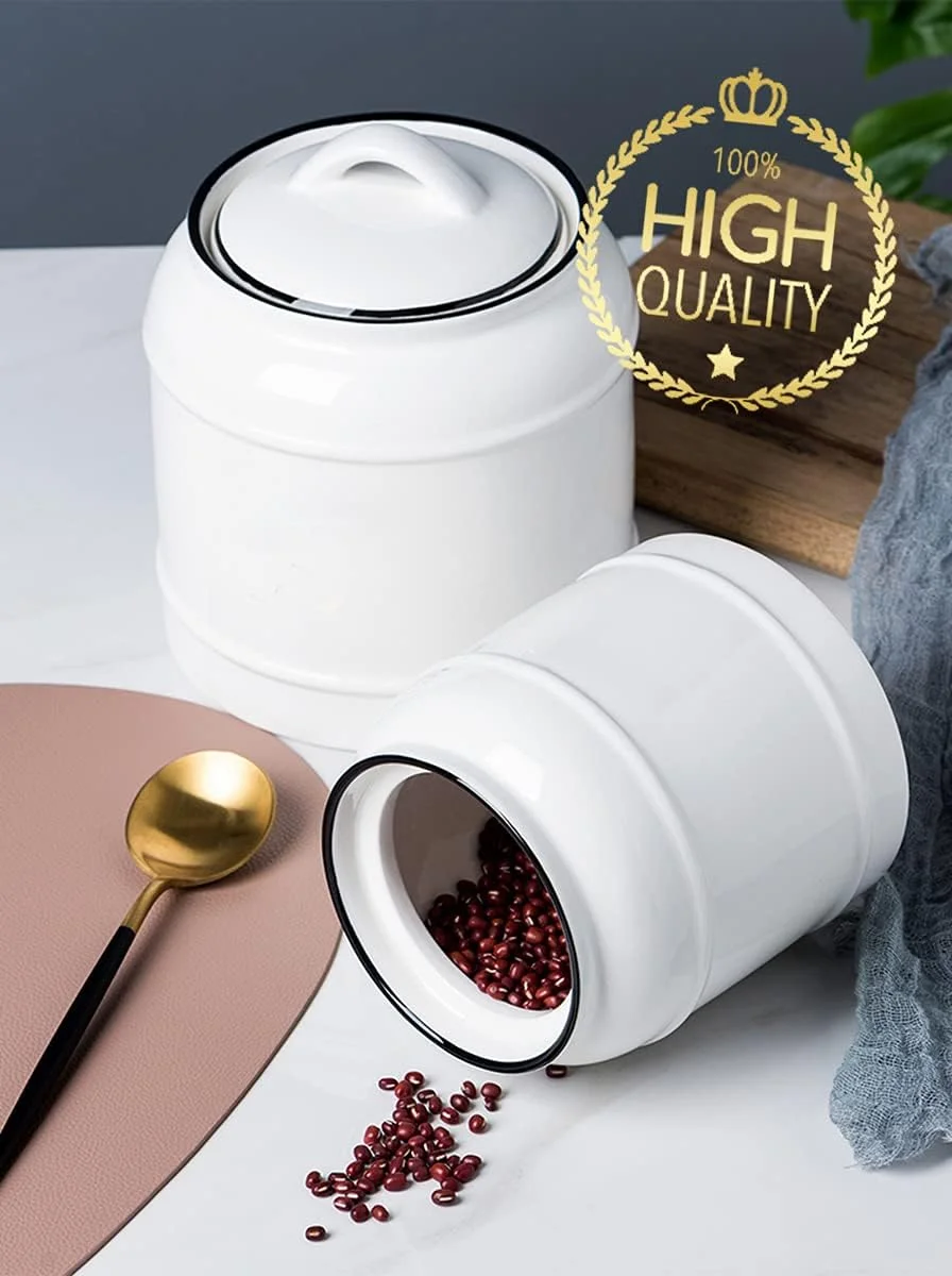 ظرف سرامیکی بزرگ درب دار کوکویا، مناسب نگهداری مواد غذایی خشک، ظرف آشپزخانه фармhouse گرد و سنگین برای نگهداری آبنبات، حبوبات، آرد، تنقلات، کلوچه و غلات (سفید)