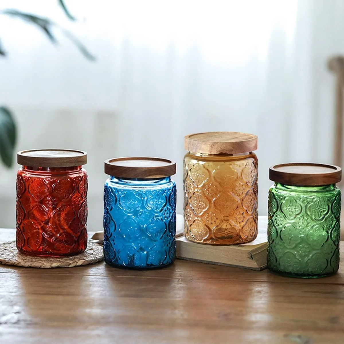 شیشه های تزئینی ChicAbode، دو عددی، 700 میلی لیتر، شیشه ای با درب چوبی محکم، مناسب برای آشپزخانه، مواد شوینده لباسشویی، قهوه، آبنبات، گلدان، قرمز، آبی شیشه های تزئینی ChicAbode، دو عددی، 700 میلی لیتر، شیشه ای با درب چوبی محکم، مناسب برای آشپزخانه، مواد شوینده لباسشویی، قهوه، آبنبات، گلدان، قرمز، آبی