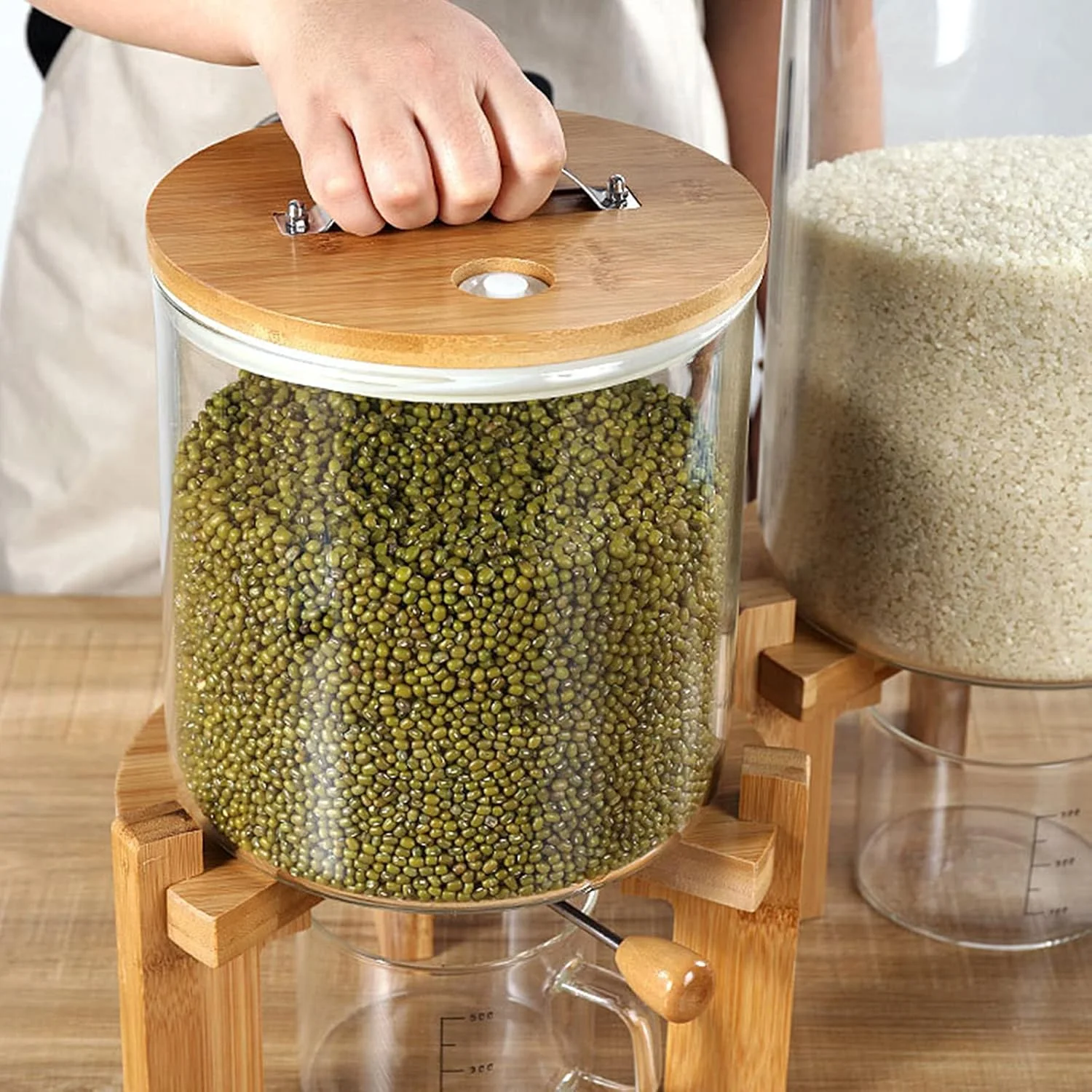 ظرف نگهداری برنج CHUANGRUN، ظرف آرد و غلات، 5 لیتر/7.5 لیتر، ظرف نگهداری مواد غذایی شیشه ای خلاقانه برای سازماندهی آشپزخانه و نگهداری مواد غذایی، درب محکم و پایه چوبی