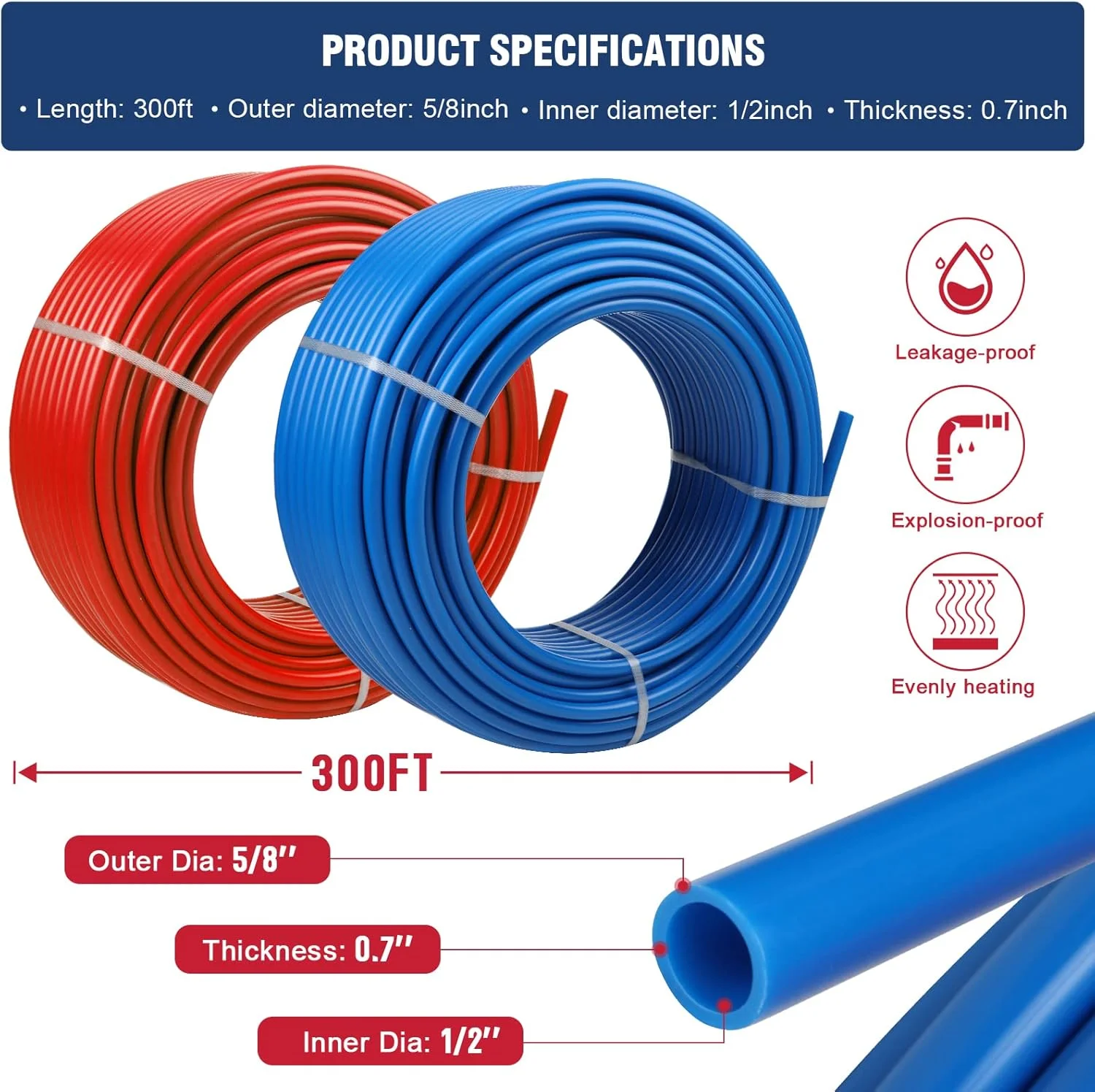 لوله PEX لایکیم، ½ اینچ، 90 متر، 2 رول، لوله PEX EVOH، لوله PEX-B بدون مانع اکسیژن، بادوام، ضد نشت، انعطاف پذیر برای خطوط آب مسکونی در خانه ها، لوله گرمایش تابشی PEX (قرمز + آبی)