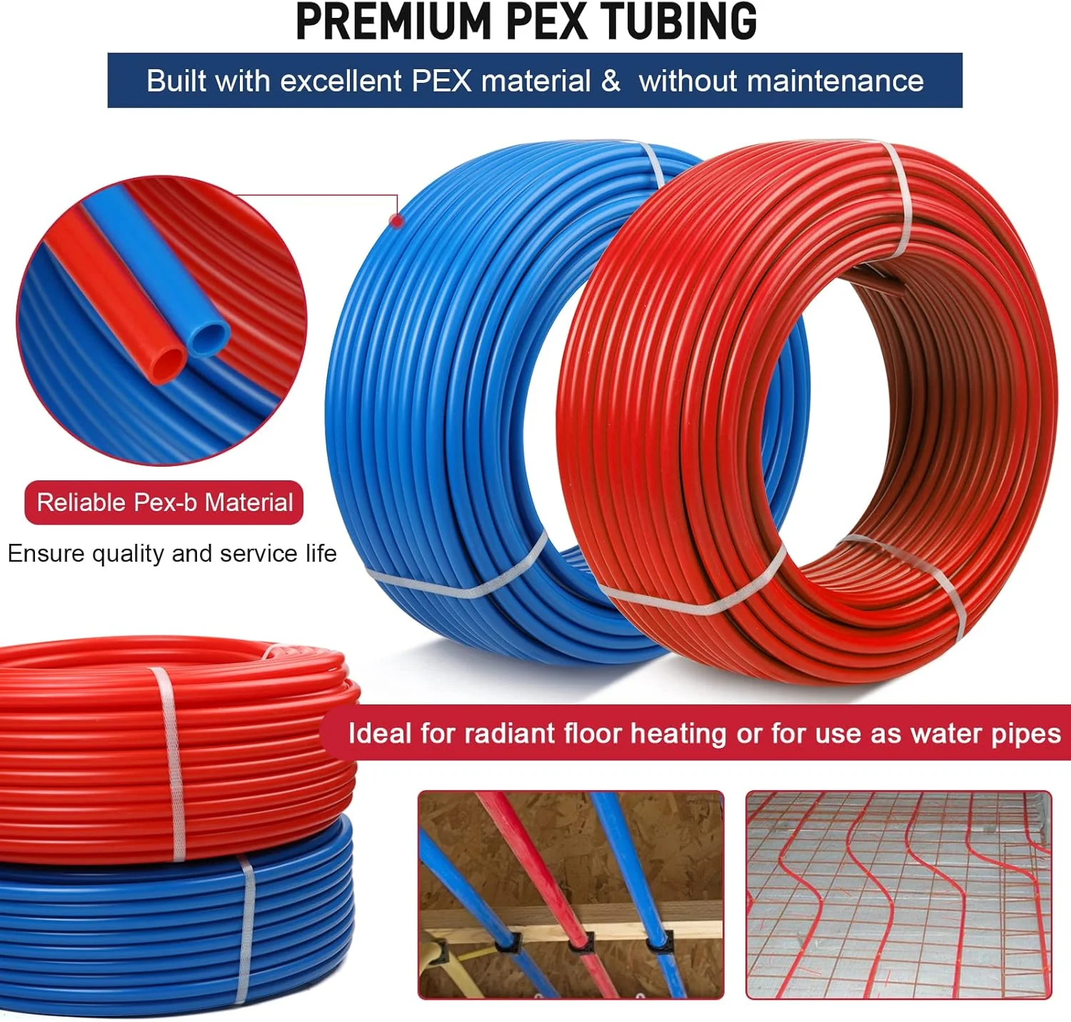 لوله PEX لایکیم، ½ اینچ، 90 متر، 2 رول، لوله PEX EVOH، لوله PEX-B بدون مانع اکسیژن، بادوام، ضد نشت، انعطاف پذیر برای خطوط آب مسکونی در خانه ها، لوله گرمایش تابشی PEX (قرمز + آبی)