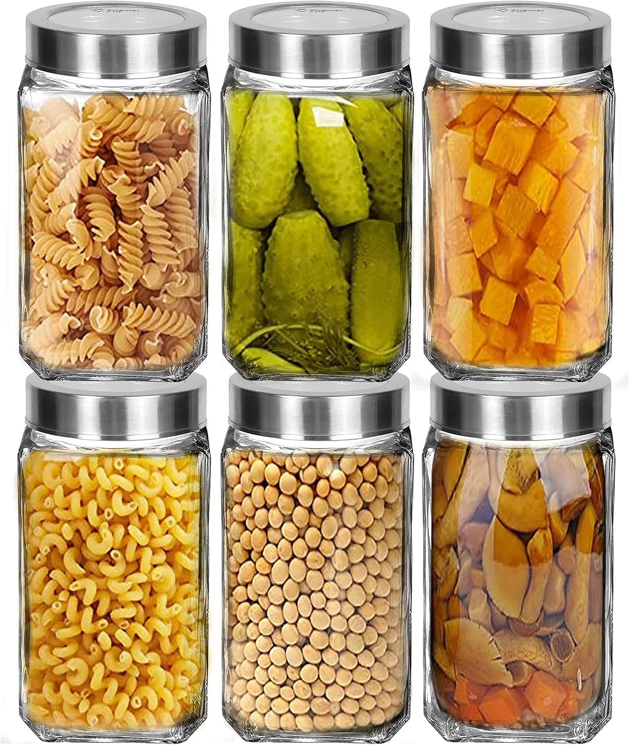 ظروف شیشه ای مربعی شفاف پیرامل گلس برزی کلود برای نگهداری مواد غذایی در آشپزخانه، تنقلات، ادویه جات، مربا، ترشی، کلوچه، میوه های خشک، دانه های قهوه، ظرف 1 کیلوگرمی درب دار، 1 لیتری، ست 6 عددی