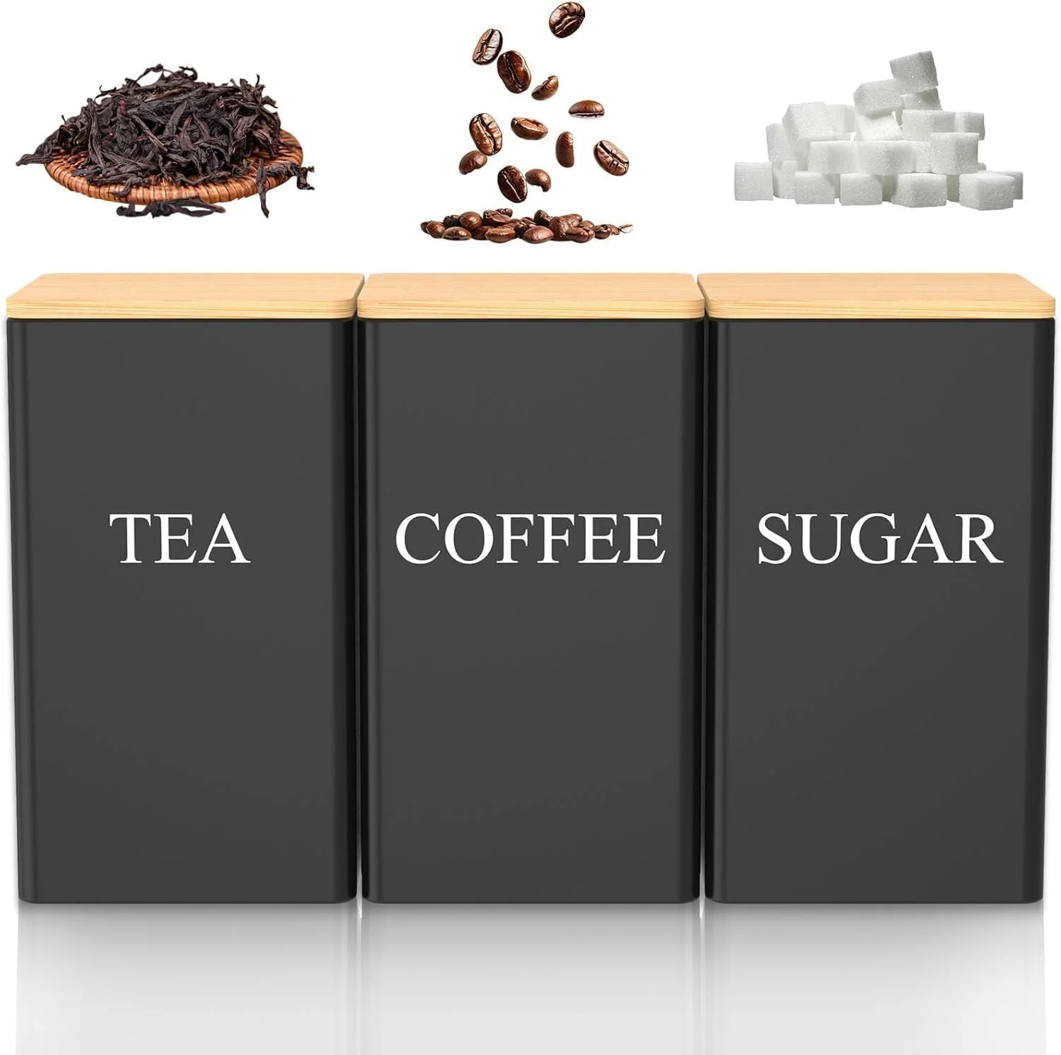 ست 3 تکه ظروف قهوه، چای و شکر BIGTHREE، ظروف فلزی 1000 میلی لیتری درب دار با درب بامبو و نشانگر نام، برای پیشخوان آشپزخانه، دکوراسیون مزرعه (مشکی)
