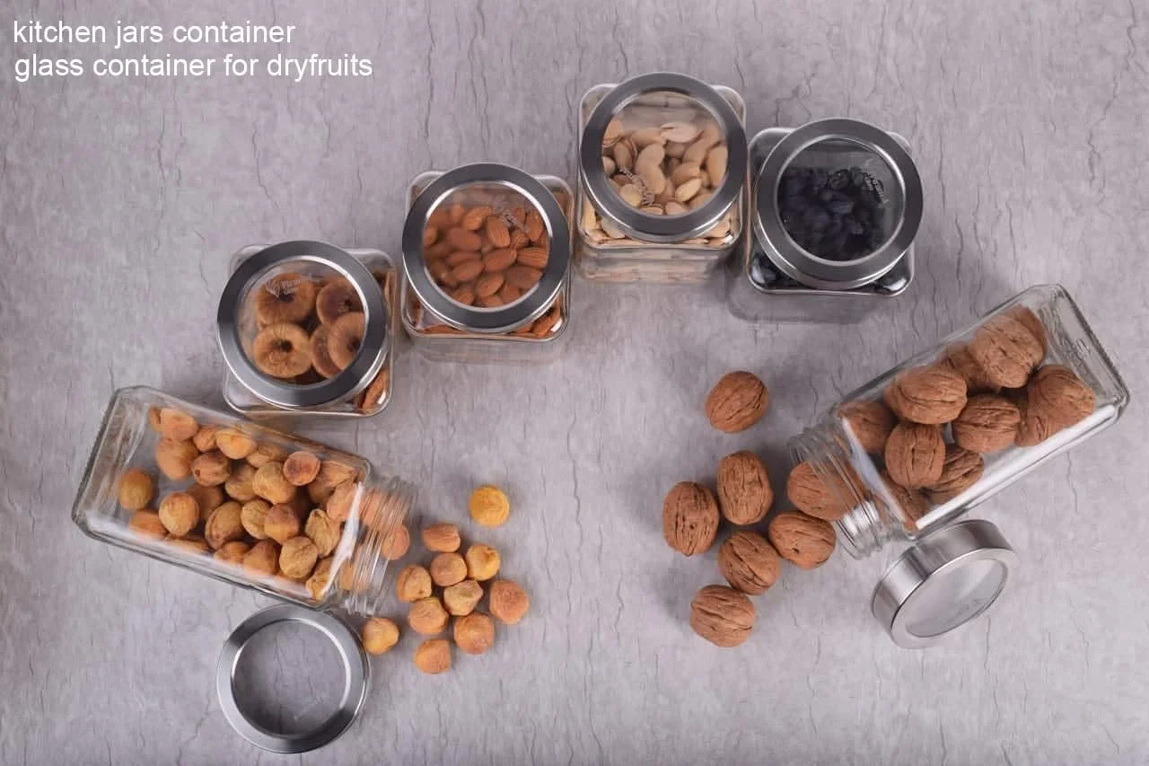 ظروف شیشه ای مربعی شفاف پیرامل گلس برزی کلود برای نگهداری مواد غذایی در آشپزخانه، تنقلات، ادویه جات، مربا، ترشی، کلوچه، میوه های خشک، دانه های قهوه، ظرف 1 کیلوگرمی درب دار، 1 لیتری، ست 6 عددی