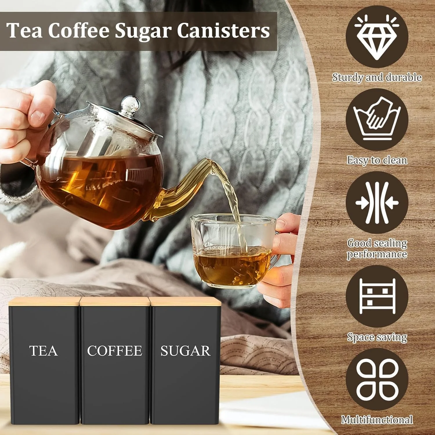 ست 3 تکه ظروف قهوه، چای و شکر BIGTHREE، ظروف فلزی 1000 میلی لیتری درب دار با درب بامبو و نشانگر نام، برای پیشخوان آشپزخانه، دکوراسیون مزرعه (مشکی)