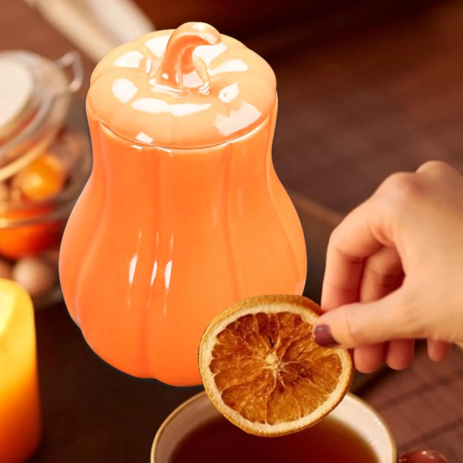 ظرف کدو تنبل سرامیکی - ظرف کوکی تزئینی - ظرف نگهداری سرامیکی درب دار برای میوه های خشک، چای کیسه ای، مناسب برای صاحبان خانه، کلکسیونرها، اتاق نشیمن، آشپزخانه، اتاق خواب، برنامه ریزان جشن های پاییزی