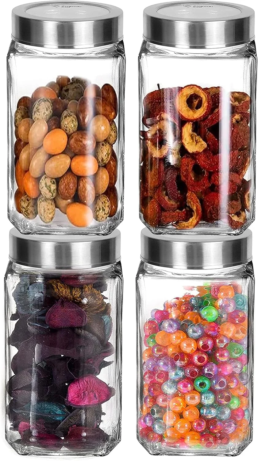 ظروف شیشه ای مربعی شفاف پیرامل گلس برزی کلود برای نگهداری مواد غذایی در آشپزخانه، تنقلات، ادویه جات، مربا، ترشی، کلوچه، میوه های خشک، دانه های قهوه، ظرف 1 کیلوگرمی درب دار، 1 لیتری، ست 6 عددی