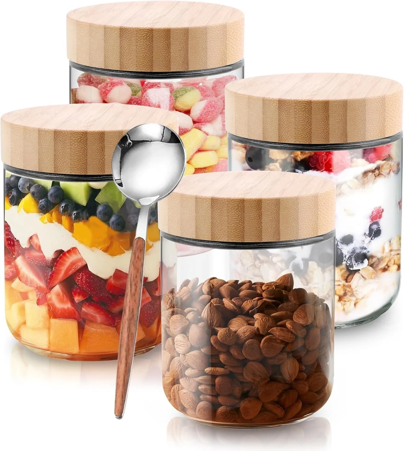 ظروف شیشه ای 470 میلی لیتری Beauenty، ظروف جو دوسر شبانه، بسته 4 عددی ظروف شیشه ای درب دار، ظروف نگهداری مواد غذایی درب دار، برای جو دوسر شبانه، ماست، غلات، پودینگ، ادویه جات، ترشیجات، تنقلات و موارد دیگر (4 عدد)