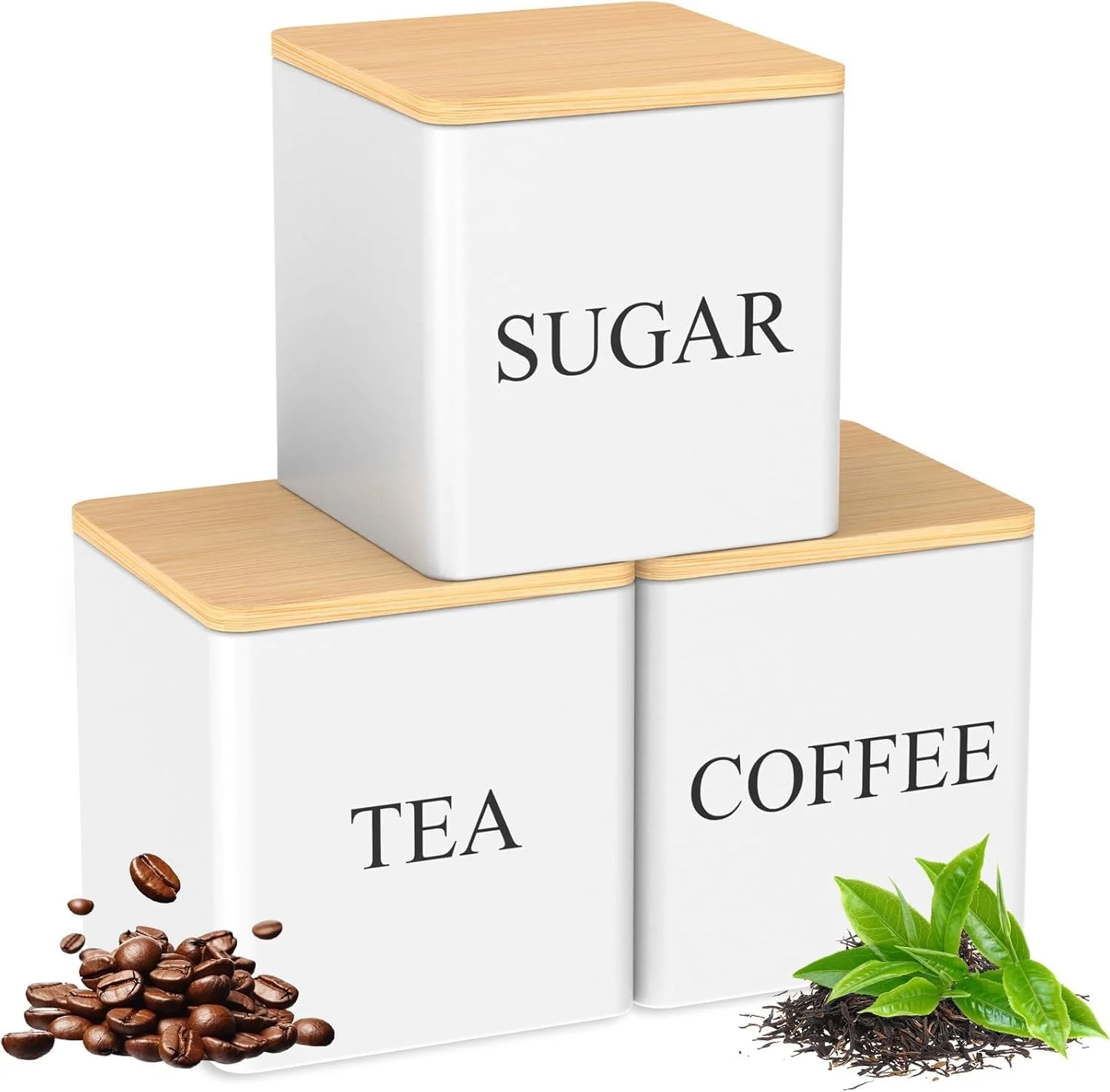 ست 3 تکه ظروف قهوه، چای و شکر BIGTHREE، ظروف نگهداری قهوه، چای و شکر 500 میلی لیتری درب بامبو، ظروف نگهداری مواد غذایی با ظرفیت بالا، برای دکوراسیون آشپزخانه روستایی (سفید)