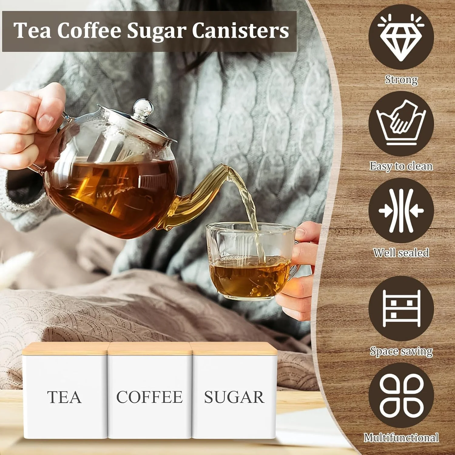 ست 3 تکه ظروف قهوه، چای و شکر BIGTHREE، ظروف نگهداری قهوه، چای و شکر 500 میلی لیتری درب بامبو، ظروف نگهداری مواد غذایی با ظرفیت بالا، برای دکوراسیون آشپزخانه روستایی (سفید) ست 3 تکه ظروف قهوه، چای و شکر BIGTHREE، ظروف نگهداری قهوه، چای و شکر 500 میلی لیتری درب بامبو، ظروف نگهداری مواد غذایی با ظرفیت بالا، برای دکوراسیون آشپزخانه روستایی (سفید)