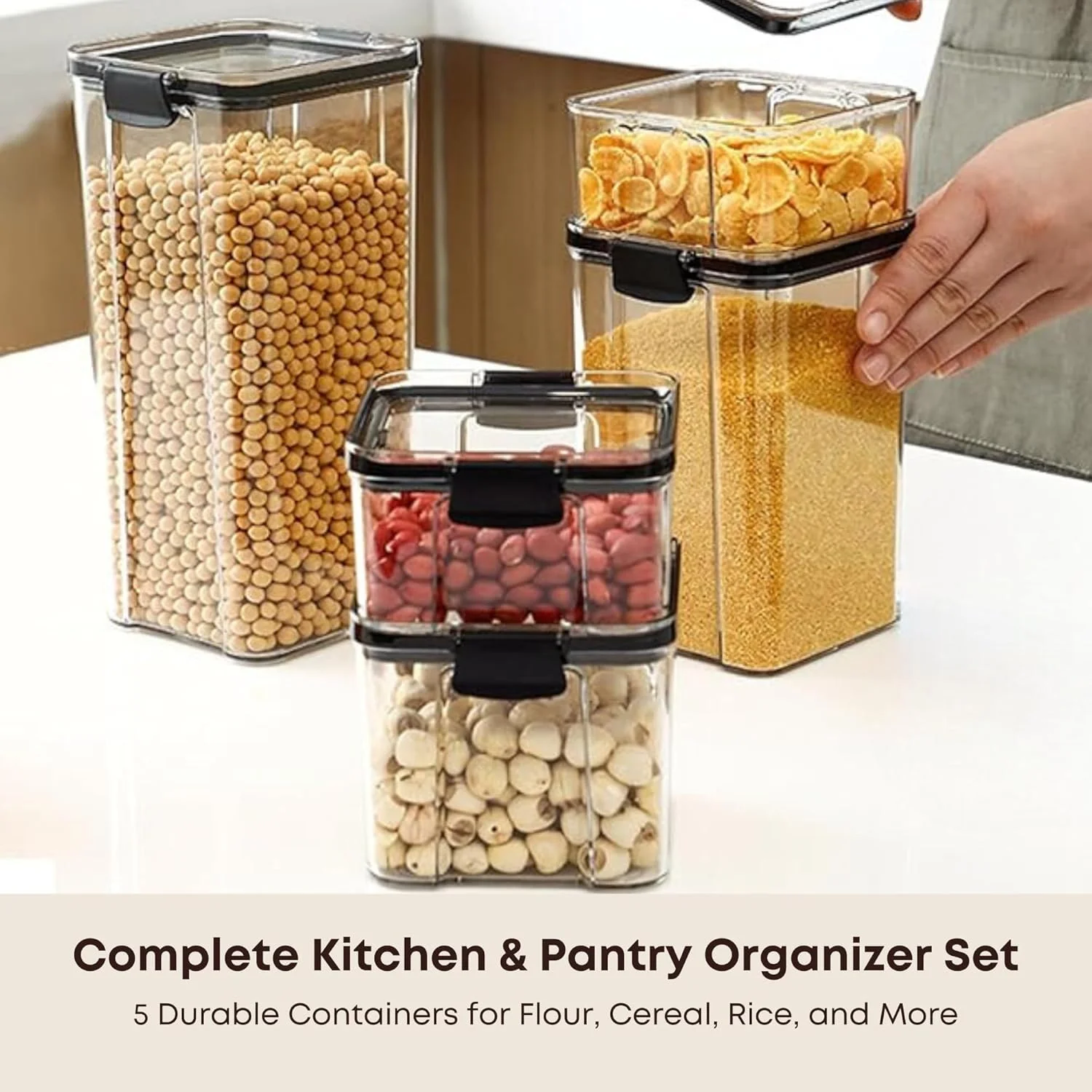 ست 5 تایی ظروف نگهداری غذا بلمونتو با درب | ظرف مربعی | نظم دهنده آشپزخانه و انبار برای غلات، آرد، شکر، برنج و سایر مواد غذایی خشک | بادوام و صرفه جویی در فضا