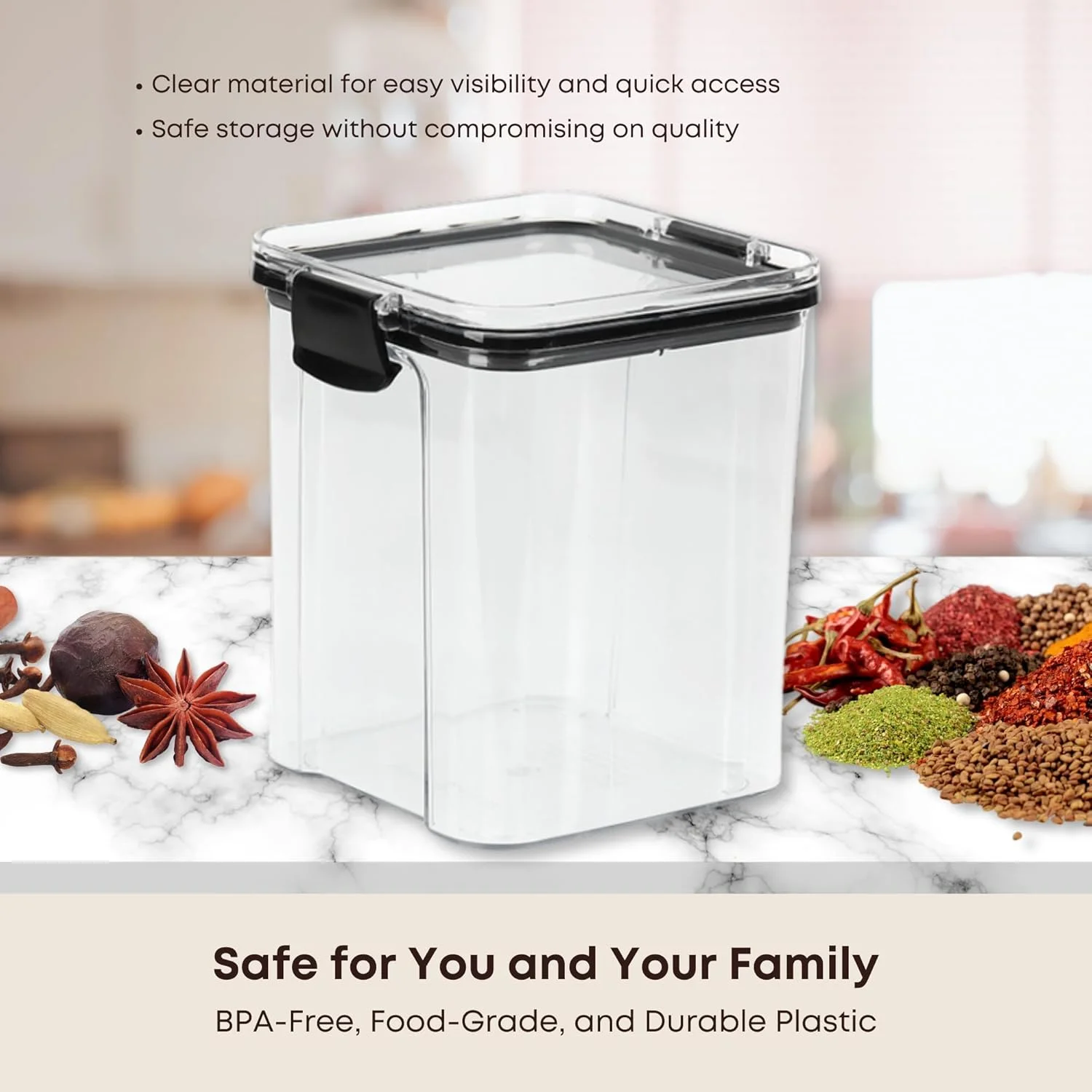 ست 5 تایی ظروف نگهداری غذا بلمونتو با درب | ظرف مربعی | نظم دهنده آشپزخانه و انبار برای غلات، آرد، شکر، برنج و سایر مواد غذایی خشک | بادوام و صرفه جویی در فضا