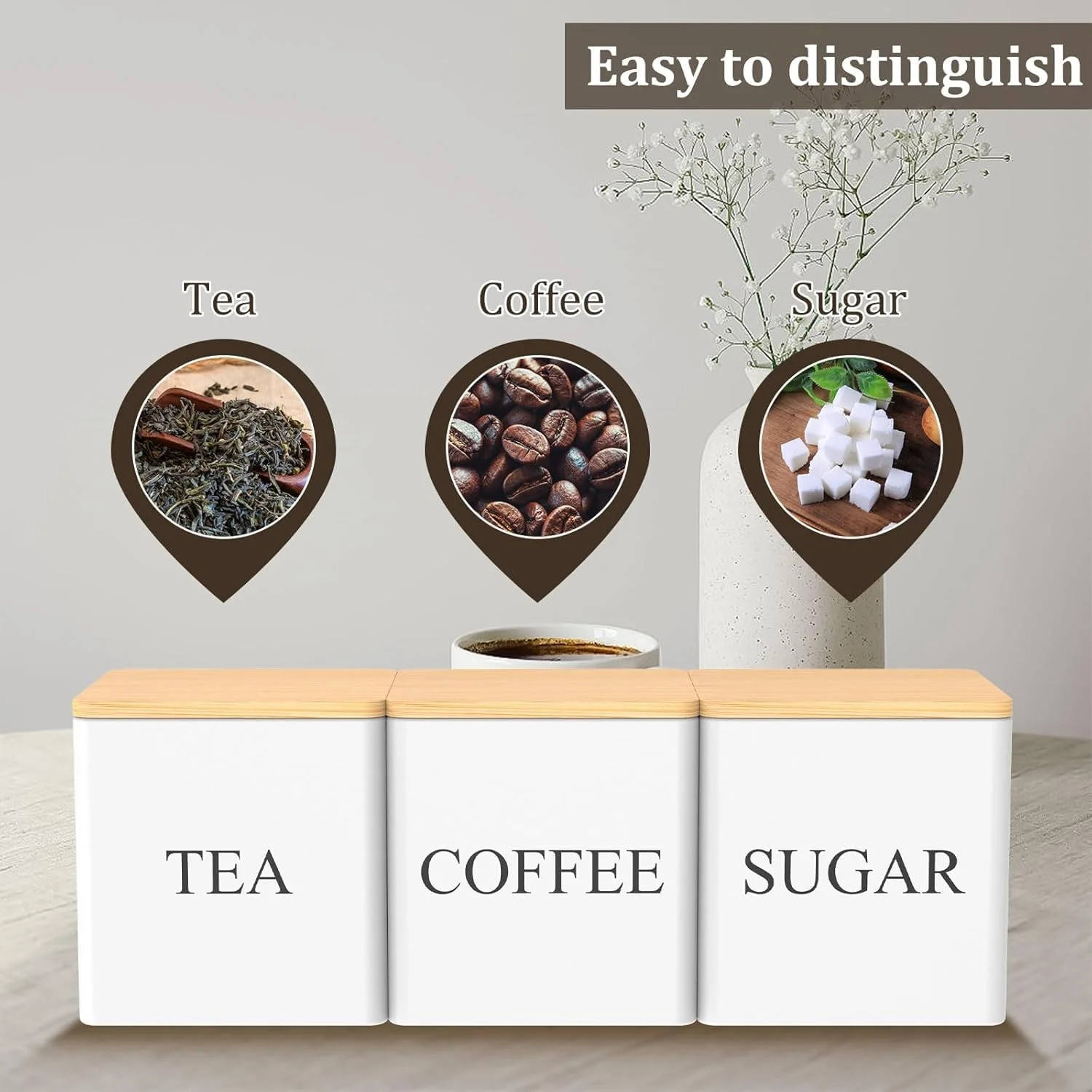 ست 3 تکه ظروف قهوه، چای و شکر BIGTHREE، ظروف نگهداری قهوه، چای و شکر 500 میلی لیتری درب بامبو، ظروف نگهداری مواد غذایی با ظرفیت بالا، برای دکوراسیون آشپزخانه روستایی (سفید) ست 3 تکه ظروف قهوه، چای و شکر BIGTHREE، ظروف نگهداری قهوه، چای و شکر 500 میلی لیتری درب بامبو، ظروف نگهداری مواد غذایی با ظرفیت بالا، برای دکوراسیون آشپزخانه روستایی (سفید)