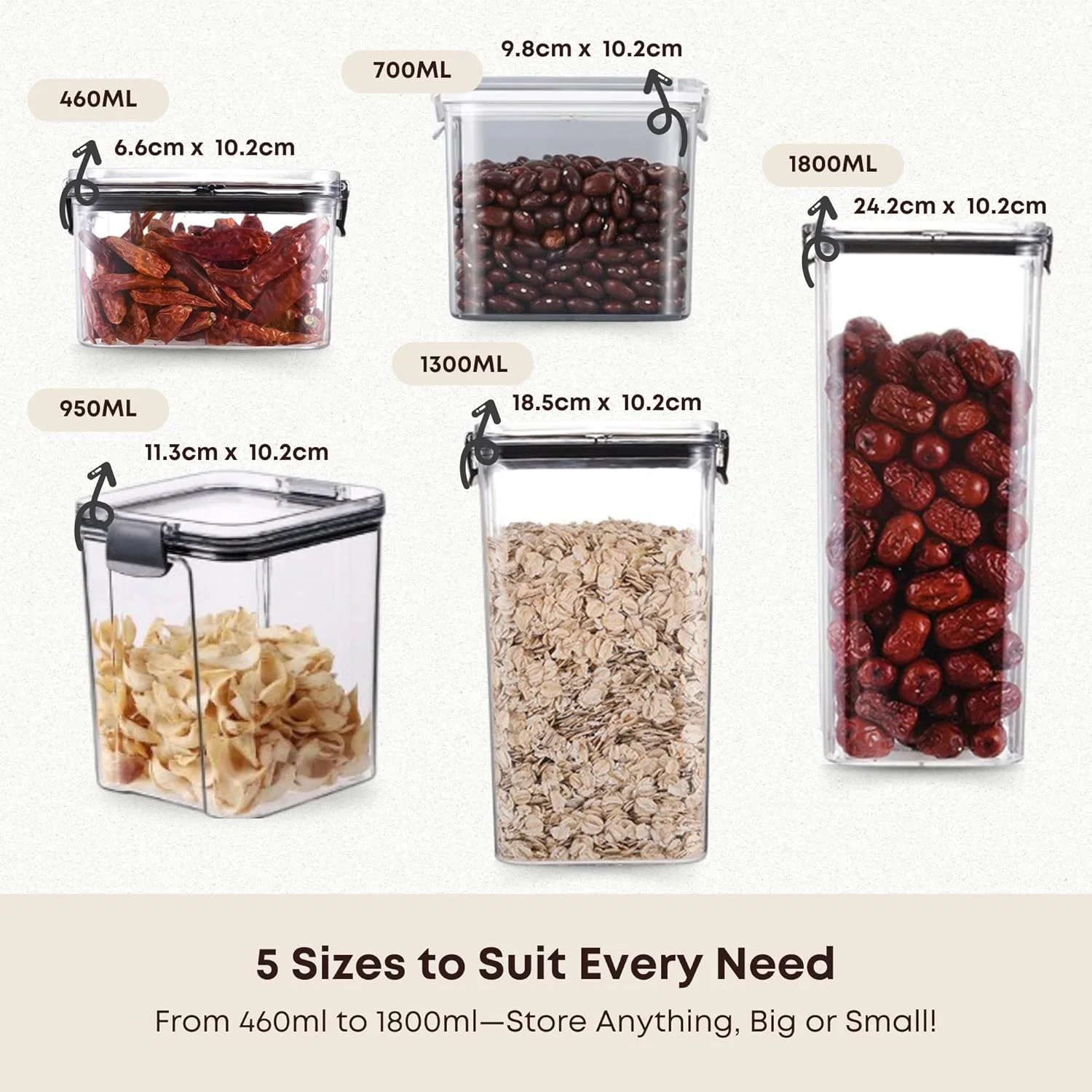 ست 5 تایی ظروف نگهداری غذا بلمونتو با درب | ظرف مربعی | نظم دهنده آشپزخانه و انبار برای غلات، آرد، شکر، برنج و سایر مواد غذایی خشک | بادوام و صرفه جویی در فضا