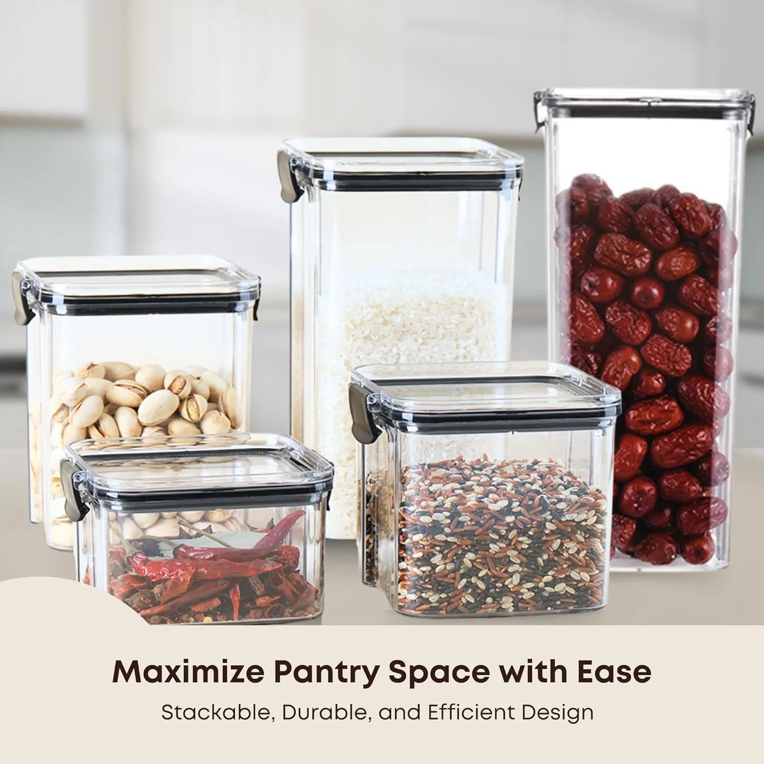ست 5 تایی ظروف نگهداری غذا بلمونتو با درب | ظرف مربعی | نظم دهنده آشپزخانه و انبار برای غلات، آرد، شکر، برنج و سایر مواد غذایی خشک | بادوام و صرفه جویی در فضا