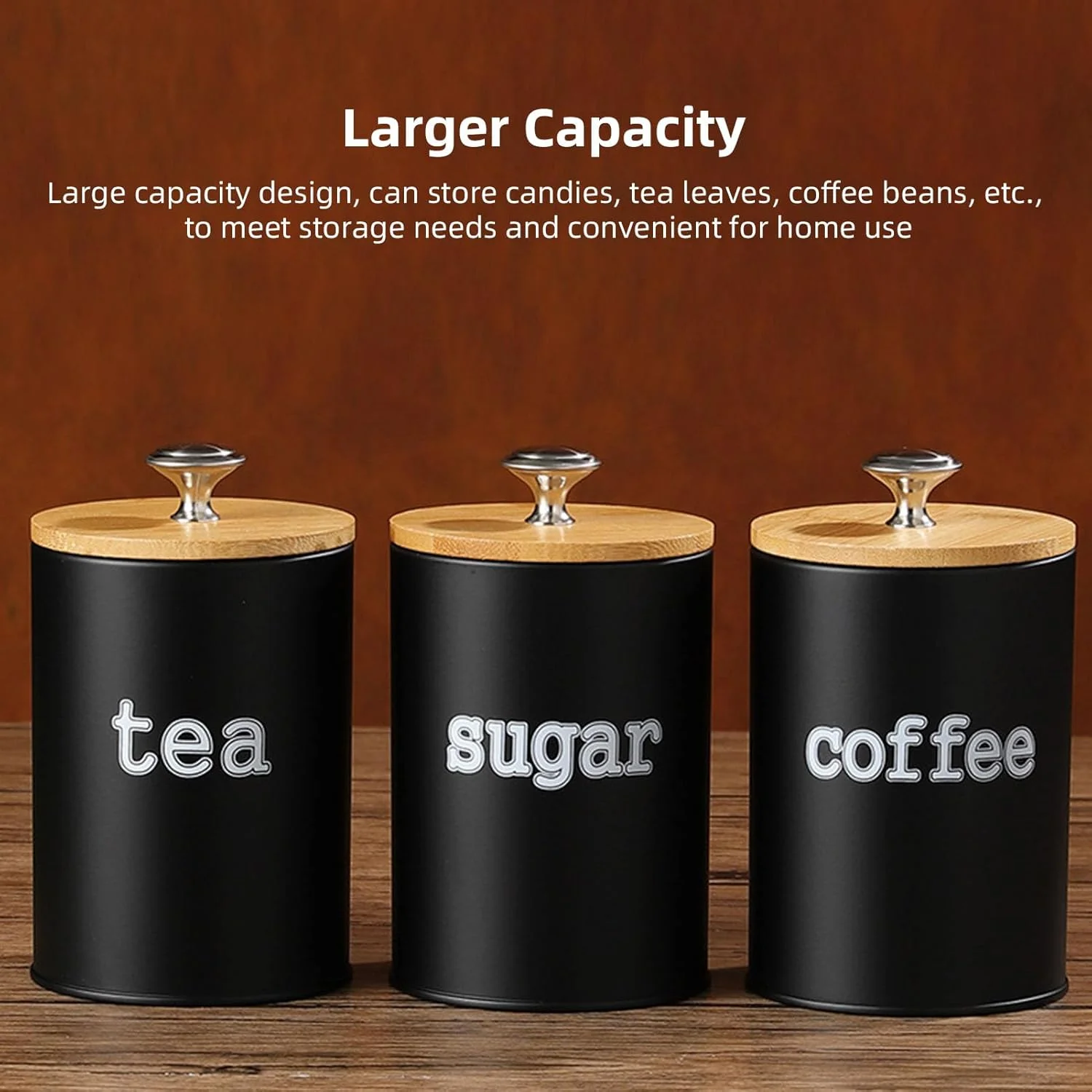 ست ۳ عددی قوطی فلزی ذخیره سازی Bewinner با درب چوبی، ظروف چای، قهوه و شکر، سازمان دهنده آشپزخانه به سبک قدیمی برای استفاده در انبار و روی میز (مشکی)
