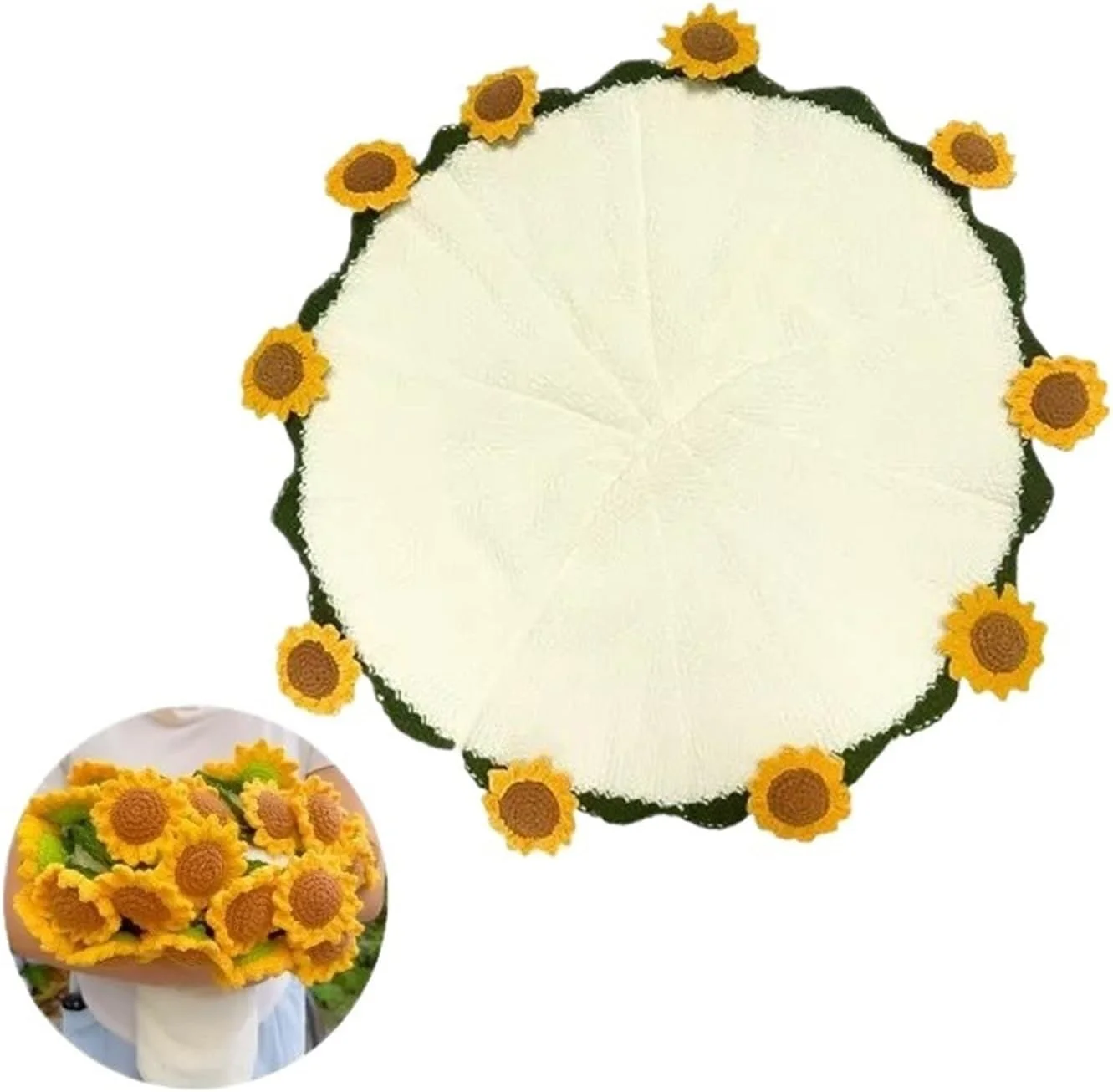 پتوی دست‌بافت طرح دسته گل آفتابگردان و رز - بافتنی، ابعاد 60-110 سانتی‌متر، مناسب عروسی و ولنتاین (B-60cm)