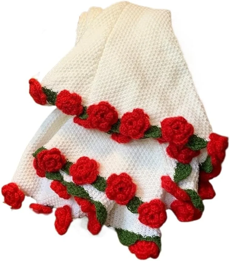 Soft Crochet Rose Bouquet Blanket - Finished Valentine's Nap Throw For Romantic Style(Red-60cm-)