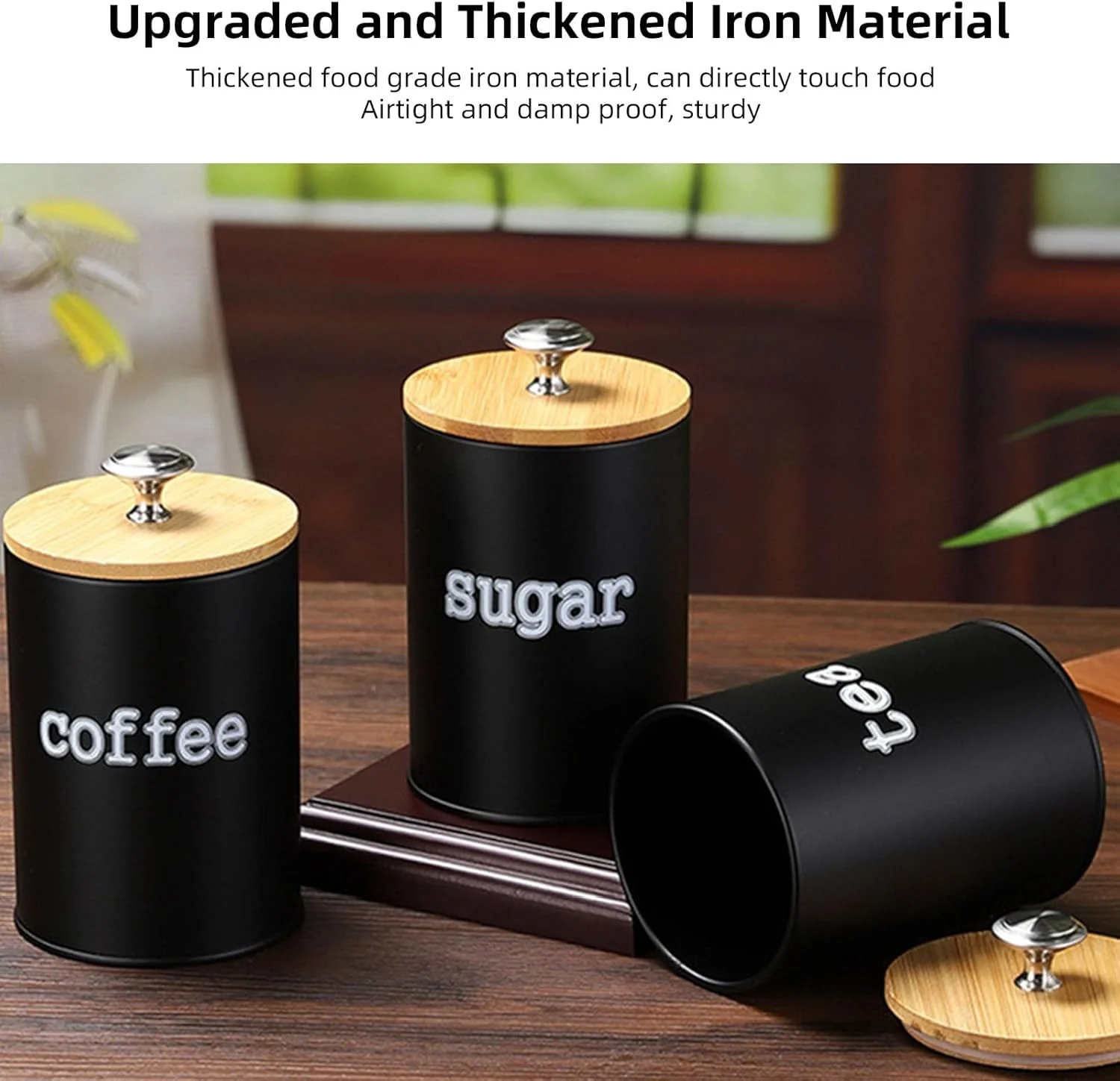 ست ۳ عددی قوطی فلزی ذخیره سازی Bewinner با درب چوبی، ظروف چای، قهوه و شکر، سازمان دهنده آشپزخانه به سبک قدیمی برای استفاده در انبار و روی میز (مشکی)