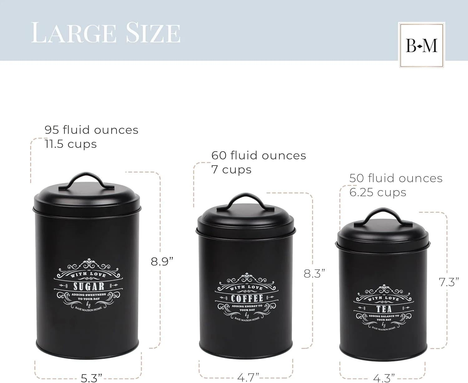 ست 3 تایی ظروف بزرگ آشپزخانه Baie Maison، مشکی - ست ظروف روستایی برای پیشخوان آشپزخانه - ظروف قهوه، چای، شکر - ظروف آشپزخانه روستیک برای روی کابینت - ظروف فلزی دکوری آشپزخانه