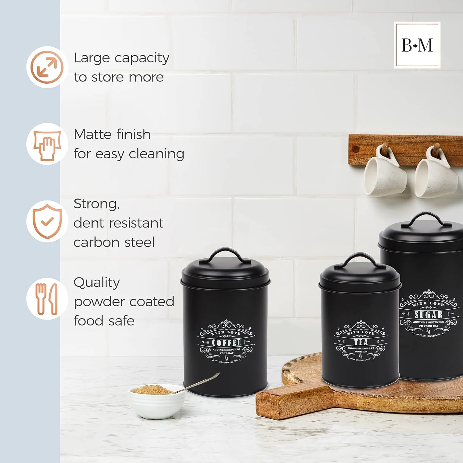 ست 3 تایی ظروف بزرگ آشپزخانه Baie Maison، مشکی - ست ظروف روستایی برای پیشخوان آشپزخانه - ظروف قهوه، چای، شکر - ظروف آشپزخانه روستیک برای روی کابینت - ظروف فلزی دکوری آشپزخانه