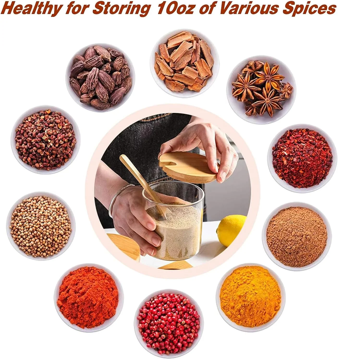 ست 3 عددی شیشه های درب بامبو و قاشق دار 300 میلی لیتری، ظروف شیشه ای درب دار مناسب نگهداری مواد غذایی و ادویه جات آشپزخانه