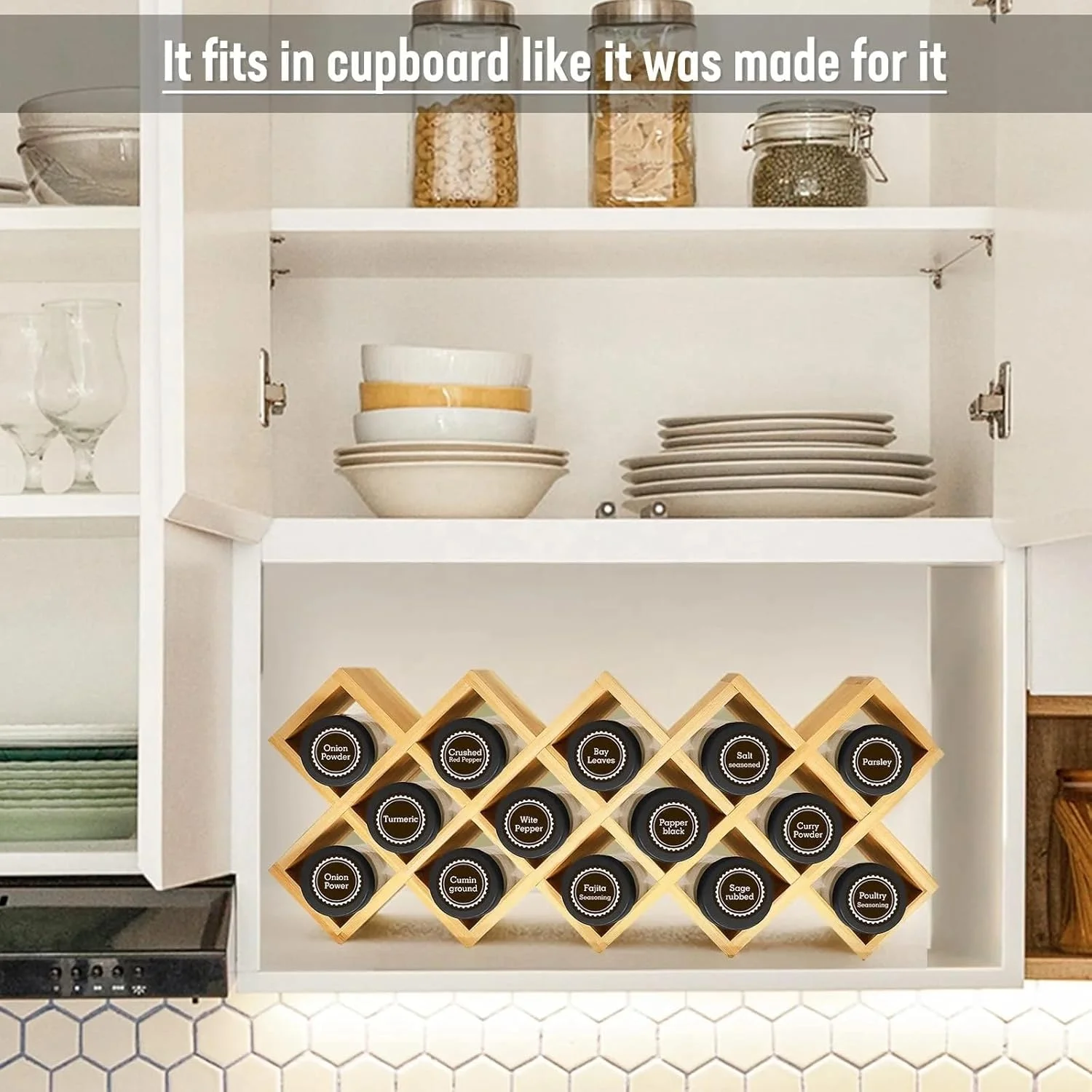 جا ادویه ای بامبو، طراحی شبکه ای، گنجایش 18 شیشه، قابل چیدن و نصب روی دیوار - ایده آل برای روی کابینت، آشپزخانه، انبار و کشوها