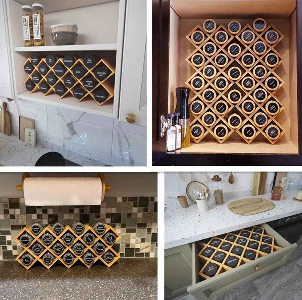 جا ادویه ای بامبو، طراحی شبکه ای، گنجایش 18 شیشه، قابل چیدن و نصب روی دیوار - ایده آل برای روی کابینت، آشپزخانه، انبار و کشوها