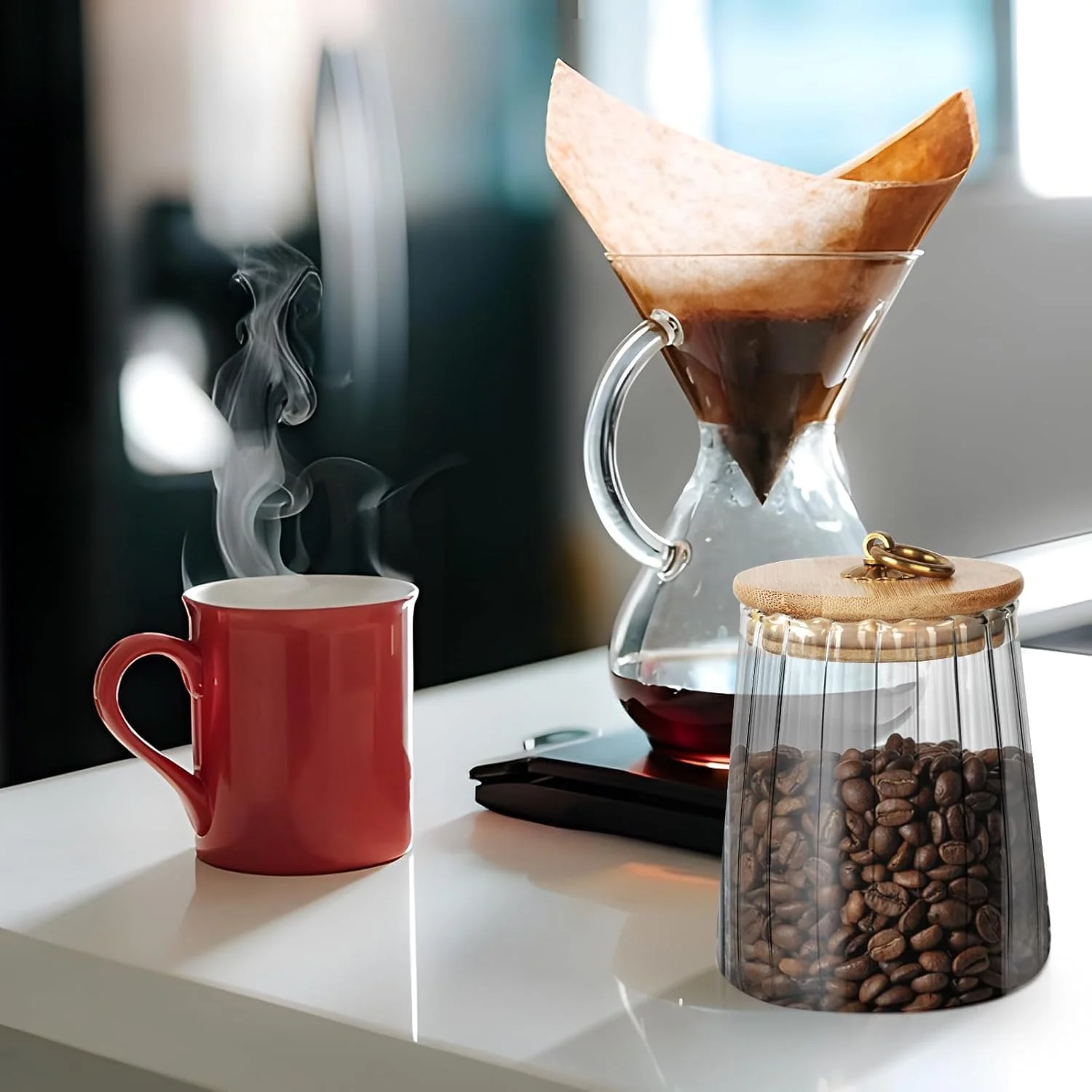 ست 2 عددی ظروف شیشه ای ذخیره سازی Azonee با درب بامبو و دسته فلزی، مناسب برای چای، قهوه، شکر، ظروف تزئینی نگهداری مواد غذایی، ظروف مخروطی 650 میلی لیتری برای انبار