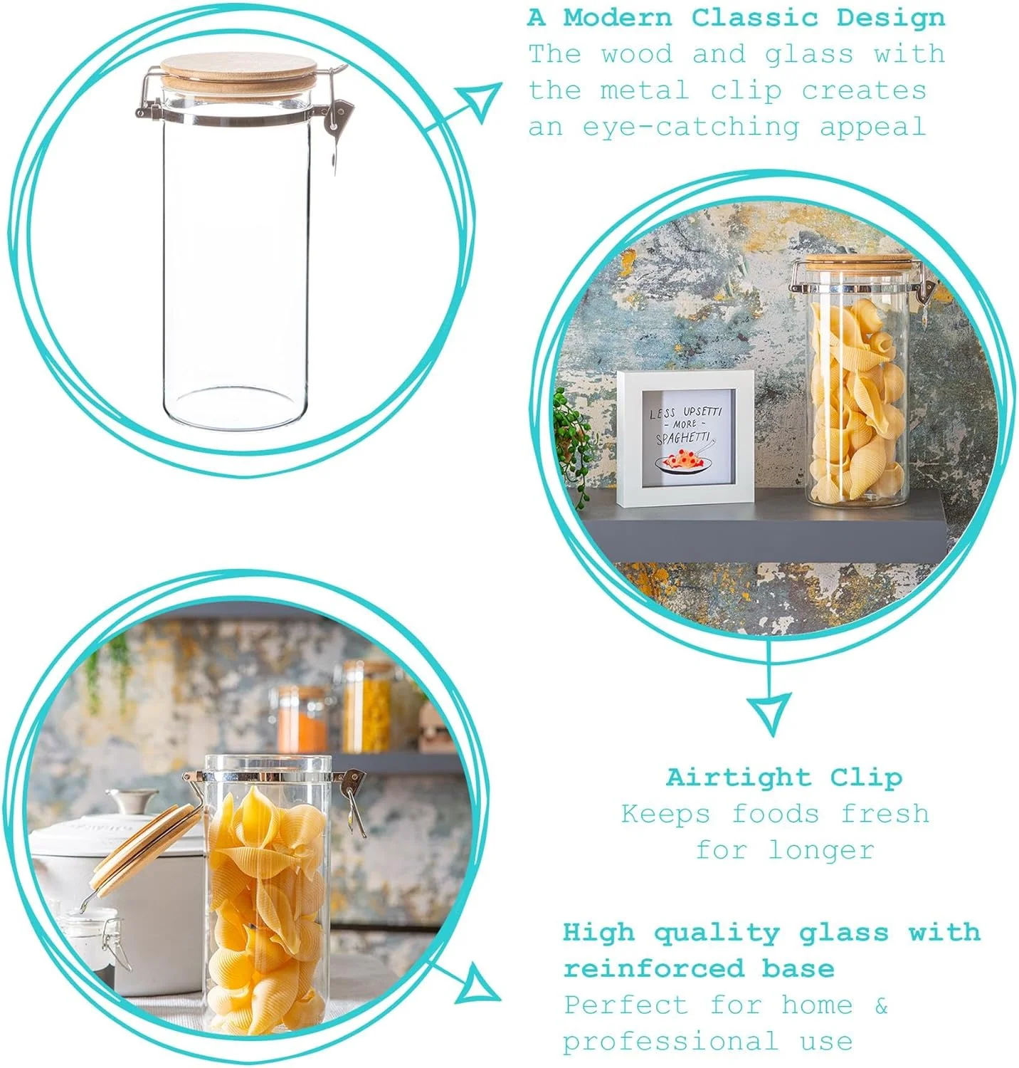 ظرف شیشه ای نگهداری مواد غذایی آرگون با درب گیره ای چوبی - مناسب برای آشپزخانه مدرن - 1.4 لیتر