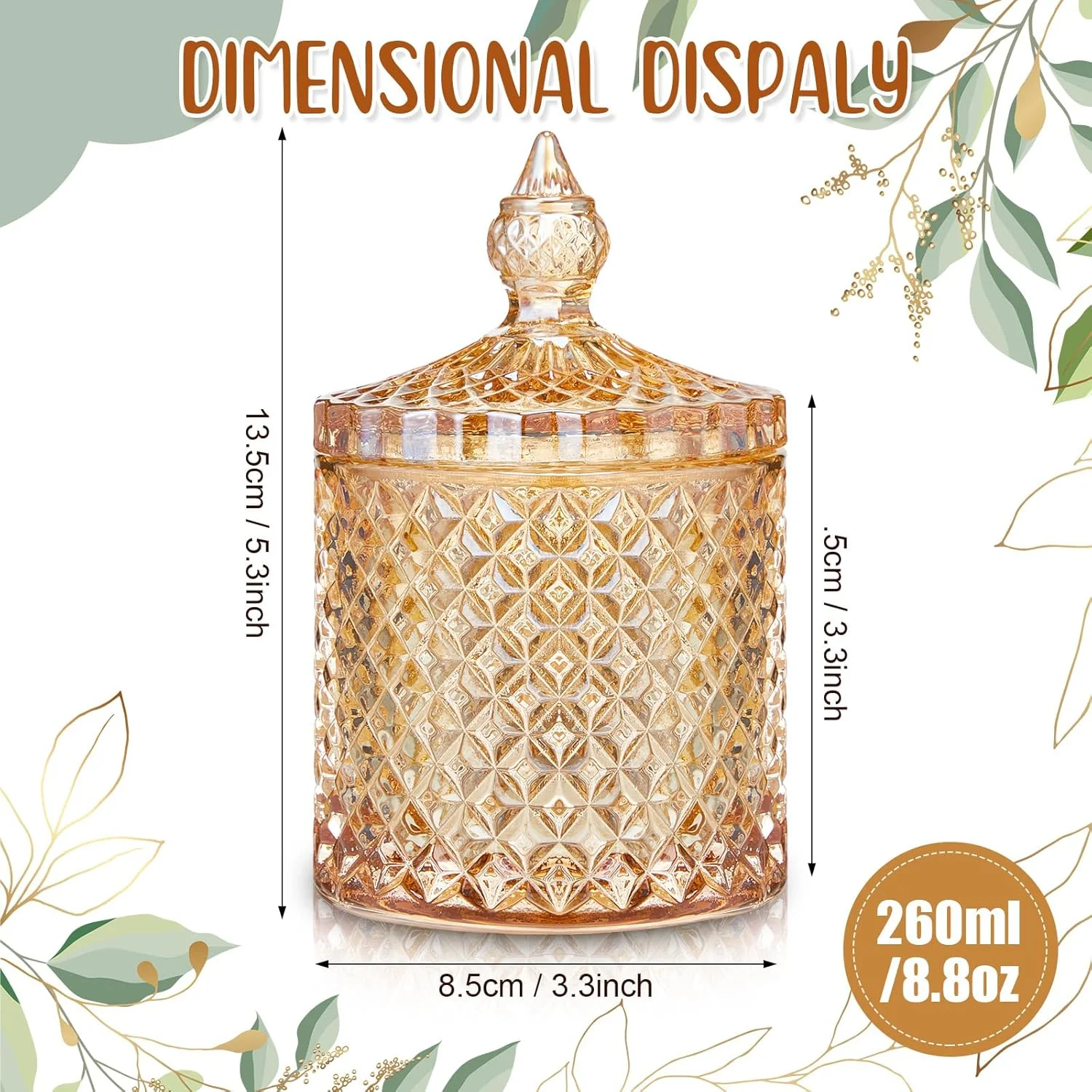 ظرف شیشه ای کریستالی درب دار Aoriher، 4 عدد، ظرف تزئینی منزل، ظرف شیشه ای نگهداری، ظروف حمام، جعبه جواهرات، ظرف استوانه ای برای پد پنبه ای، ظرف شیشه ای برای آشپزخانه، حمام، انبار (کهربایی، متوسط)