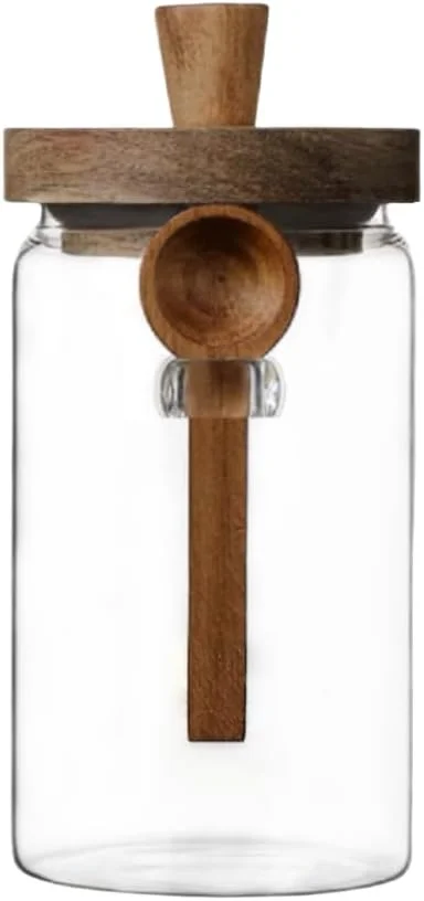 ظرف شیشه ای 1 لیتری ANSQU با درب چوبی و قاشق، ظروف نگهداری مواد غذایی، ظرف قهوه، ظرف پودر قهوه، بانکه نگهداری مواد غذایی، ظرف نگهداری مواد غذایی آشپزخانه