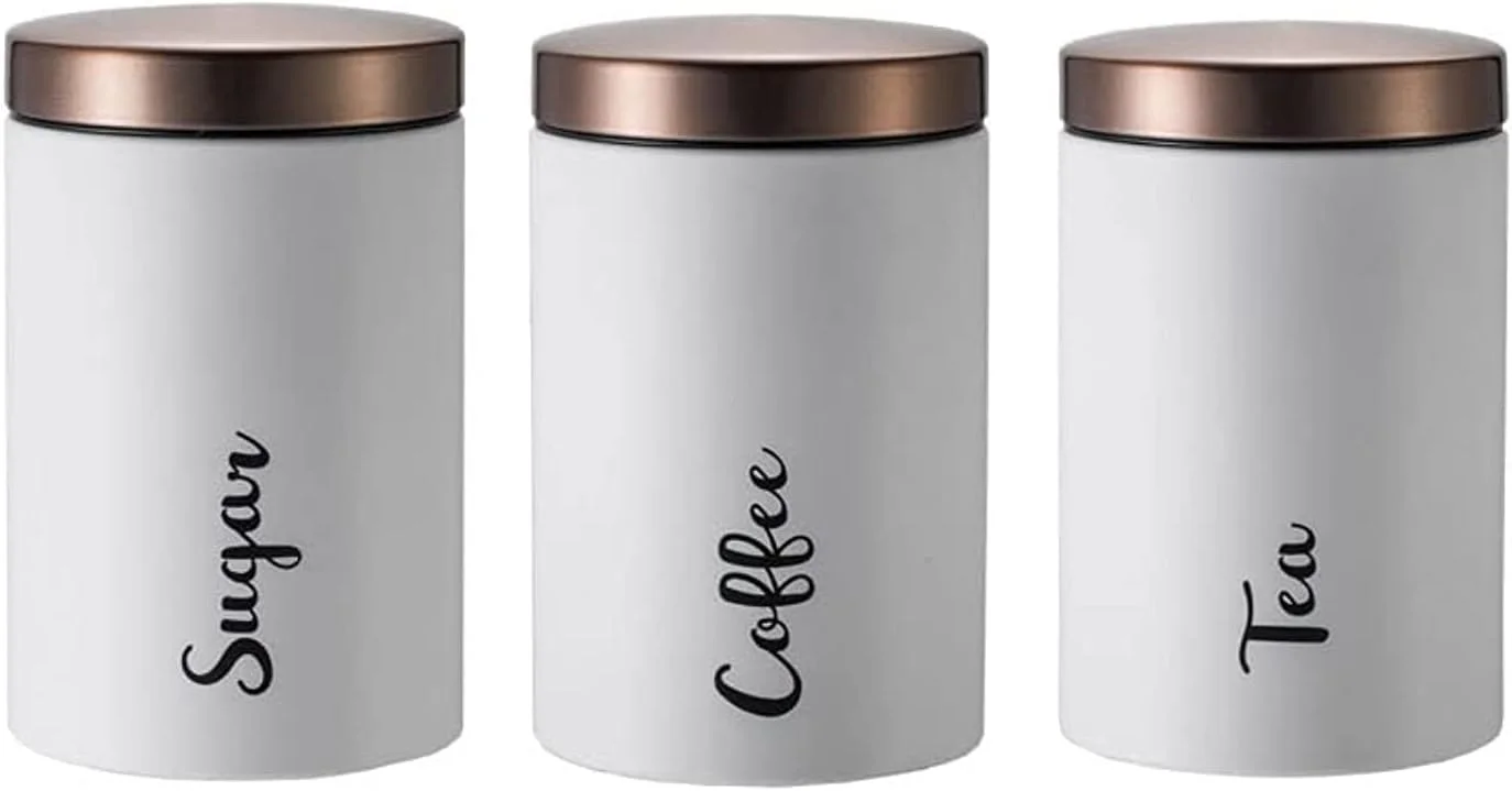 ست 3 تکه ظروف قهوه، چای و شکر Arabest، ست 3 عددی ظروف نگهداری درب دار چای، شکر و قهوه، ظروف آشپزخانه با درب مسی برای پیشخوان آشپزخانه
