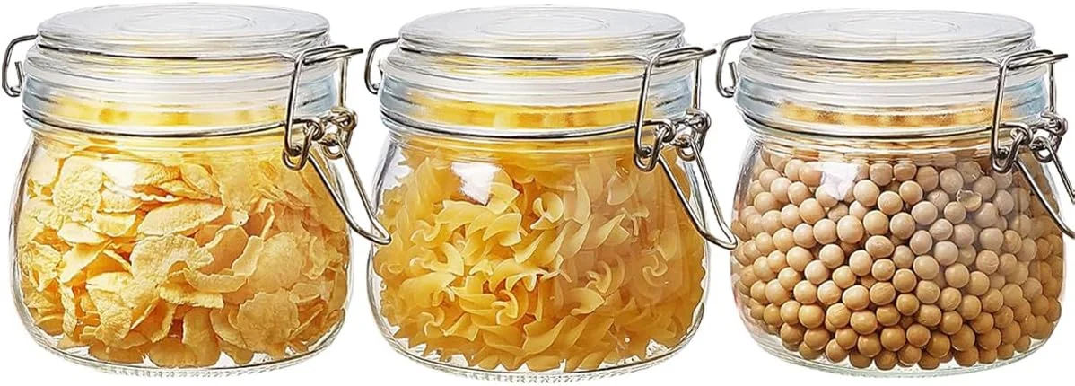 ظروف شیشه ای آرگون با درب گیره ای فلزی محکم - 500 میلی لیتر - بسته 3 عددی - ظرف نگهداری متوسط آشپزخانه، شیشه گرد برای ترشی، چاتنی، مربا، قهوه