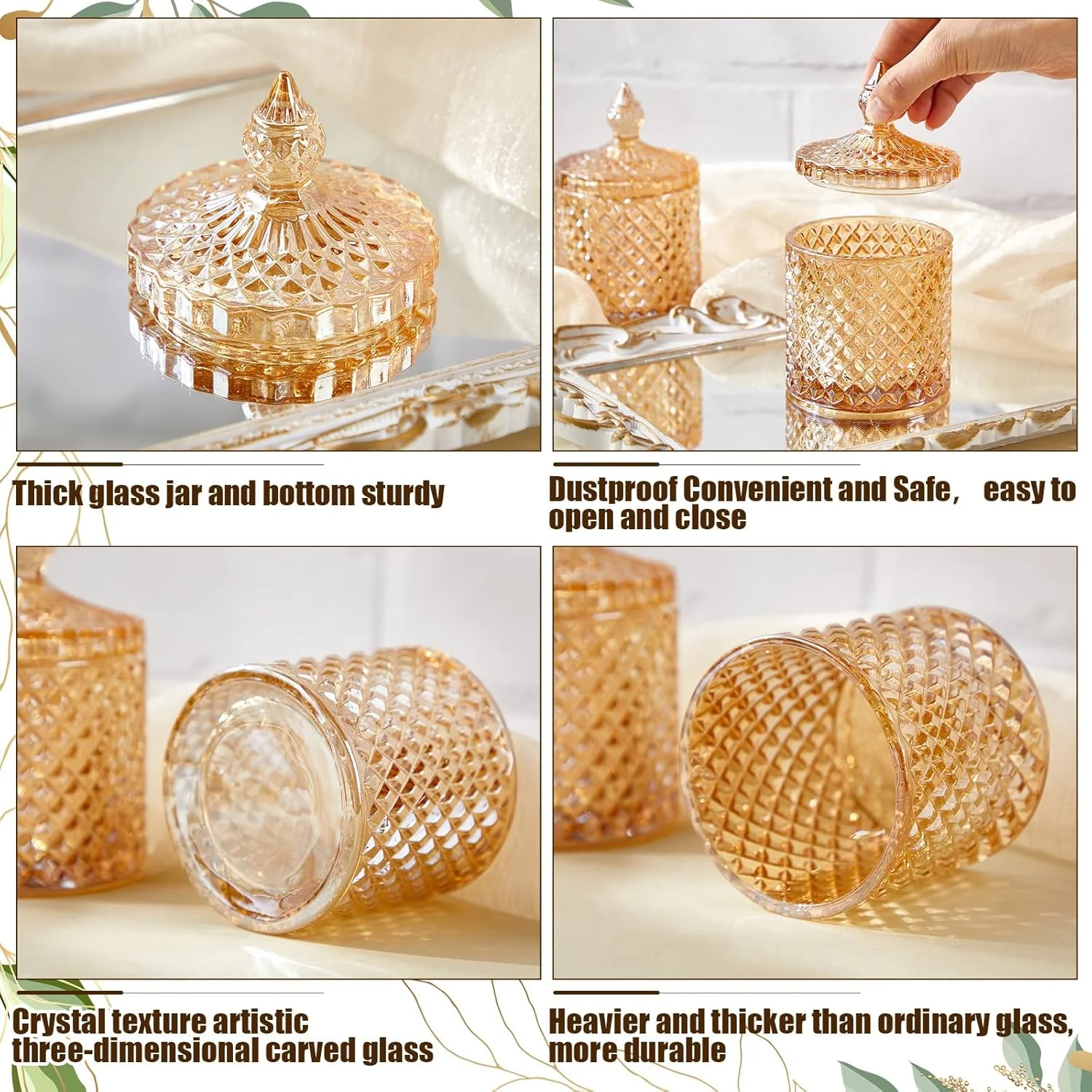 ظرف شیشه ای کریستالی درب دار Aoriher، 4 عدد، ظرف تزئینی منزل، ظرف شیشه ای نگهداری، ظروف حمام، جعبه جواهرات، ظرف استوانه ای برای پد پنبه ای، ظرف شیشه ای برای آشپزخانه، حمام، انبار (کهربایی، متوسط)