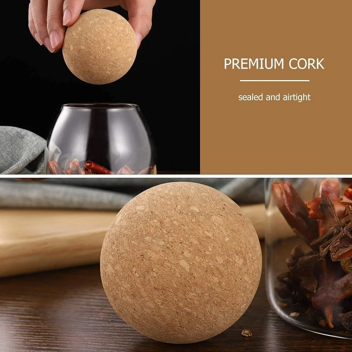 ظرف نگهداری مواد غذایی شیشه ای AUTOYSUR با درب چوب پنبه ای هواگیر (3 عدد)، ظرف شیشه ای شفاف با درب چوب پنبه ای گرد برای نگهداری چای، قهوه، شکر، آرد و ادویه جات در آشپزخانه (M+M+M)