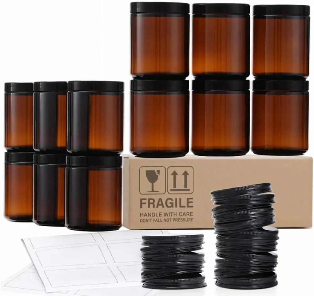 ست 9 عددی شیشه های کهربایی با درب مشکی، 240 میلی لیتر، ظرف دهان گشاد برای نگهداری