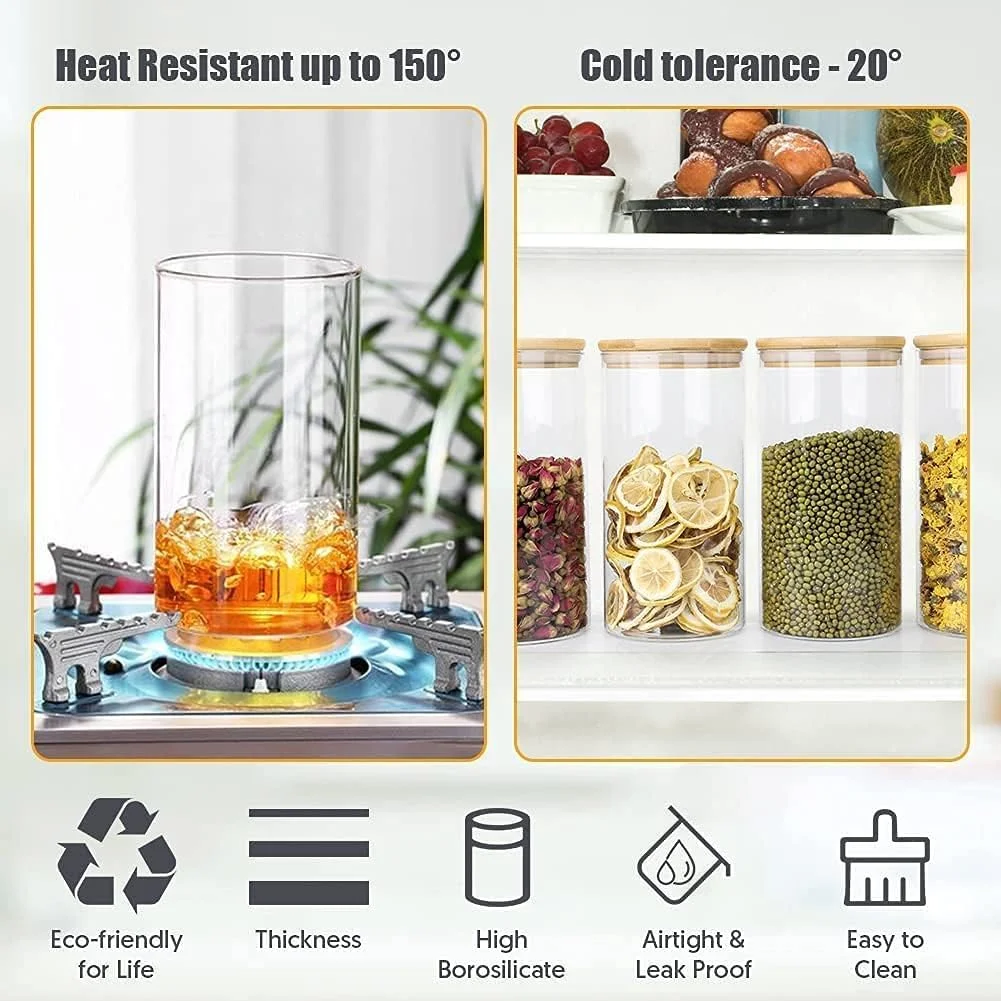 ست ظروف حبوبات 4 عددی AUTOYSUR، ظروف شیشه ای آشپزخانه با درب بامبو هواگیر، شیشه های ذخیره سازی برای آشپزخانه، حمام و سازماندهی انبار، ایده آل برای آرد، شکر، قهوه، کوکی، آب نبات (1800 میلی لیتر 4 عدد)