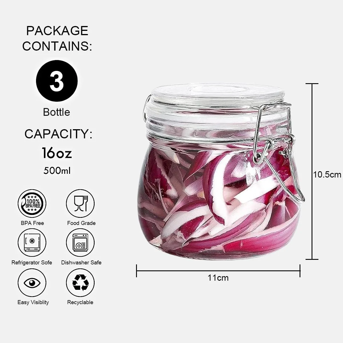 ظروف شیشه ای آرگون با درب گیره ای فلزی محکم - 500 میلی لیتر - بسته 3 عددی - ظرف نگهداری متوسط آشپزخانه، شیشه گرد برای ترشی، چاتنی، مربا، قهوه