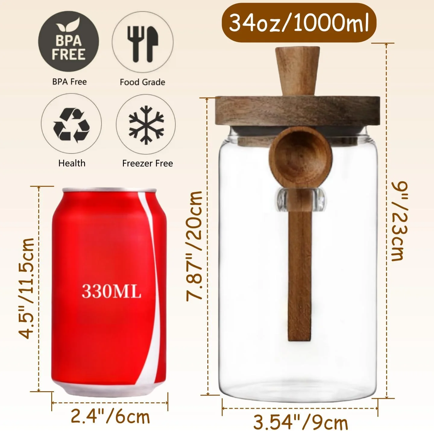 ظرف شیشه ای 1 لیتری ANSQU با درب چوبی و قاشق، ظروف نگهداری مواد غذایی، ظرف قهوه، ظرف پودر قهوه، بانکه نگهداری مواد غذایی، ظرف نگهداری مواد غذایی آشپزخانه