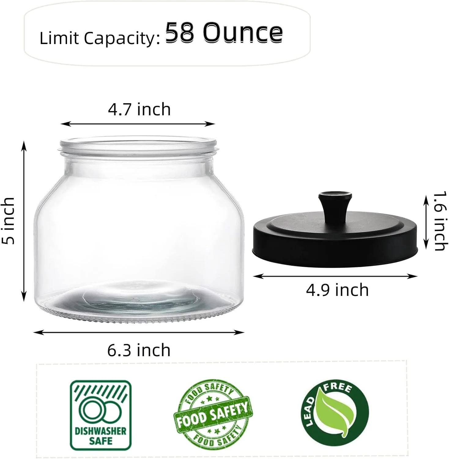 ست 3 عددی شیشه های درب فلزی AVLA، شیشه های گرد شفاف 1700 میلی لیتری برای کوکی و آبنبات، ظروف نگهداری مواد غذایی با درب مشکی، ست ظروف خالی برای پیشخوان آشپزخانه، پاستا، تشویقی سگ، تنقلات