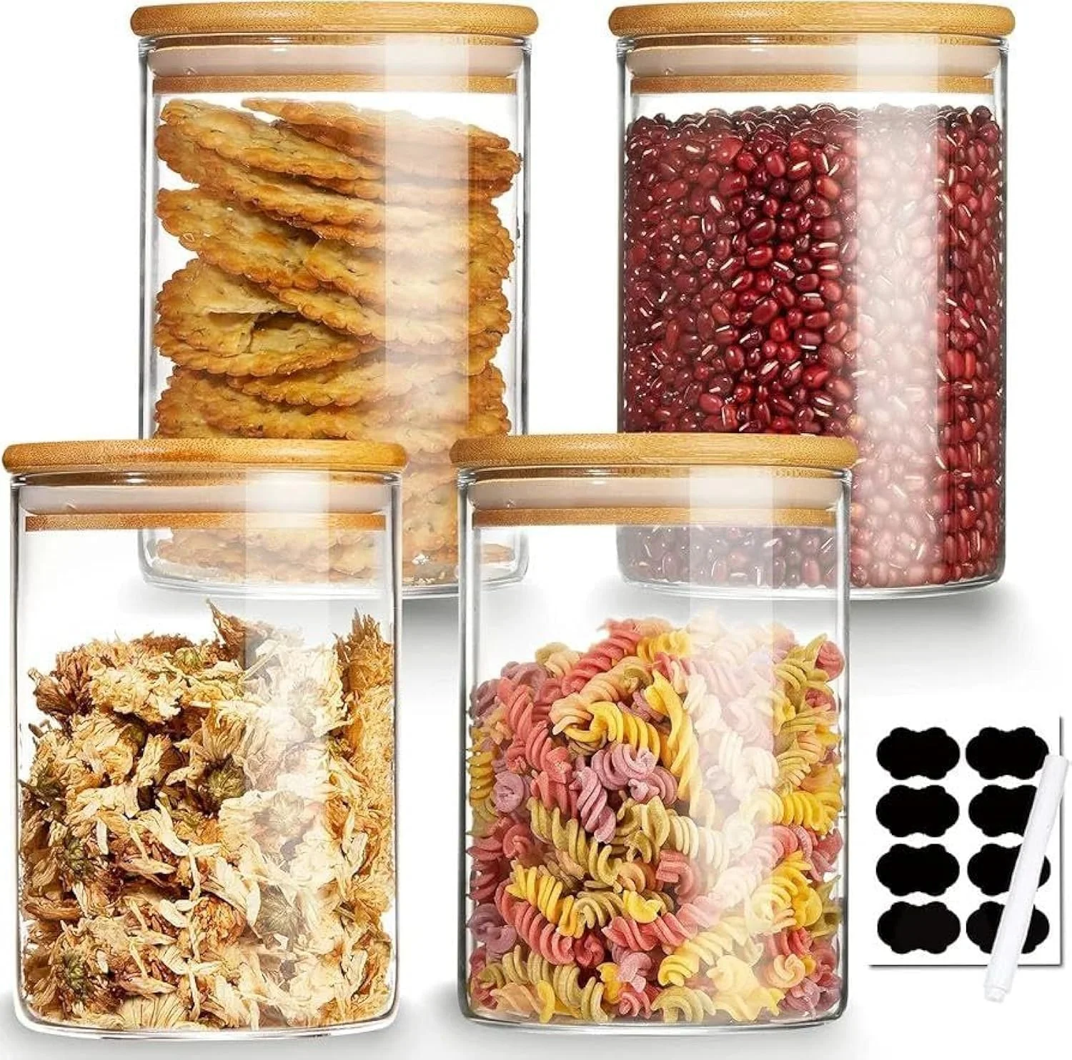 ظرف شیشه ای گرد درب بامبو AMROAH، 750 میلی لیتر، مناسب برای نگهداری مواد غذایی، قهوه، چای، کوکی، پاستا، حبوبات و گیاهان دارویی - 4 عدد