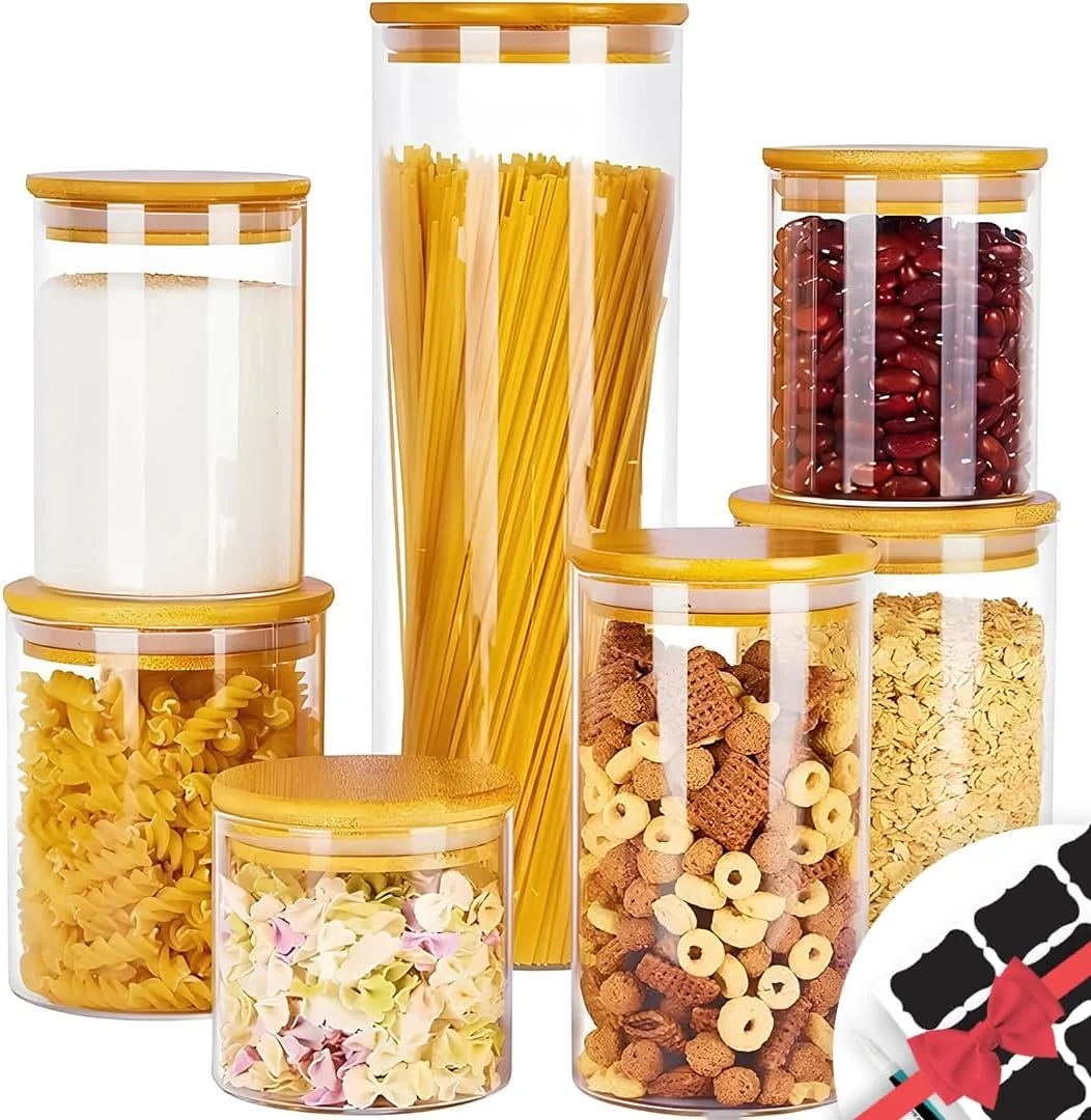 ست 7 عددی ظروف شیشه ای گرد AMROAH با درب بامبو، ظروف آشپزخانه شفاف قابل چیدن 400-2200 میلی لیتر با درب محکم برای نگهداری مواد غذایی، چای، قهوه، ادویه، کلوچه، آبنبات، گیاهان و غلات