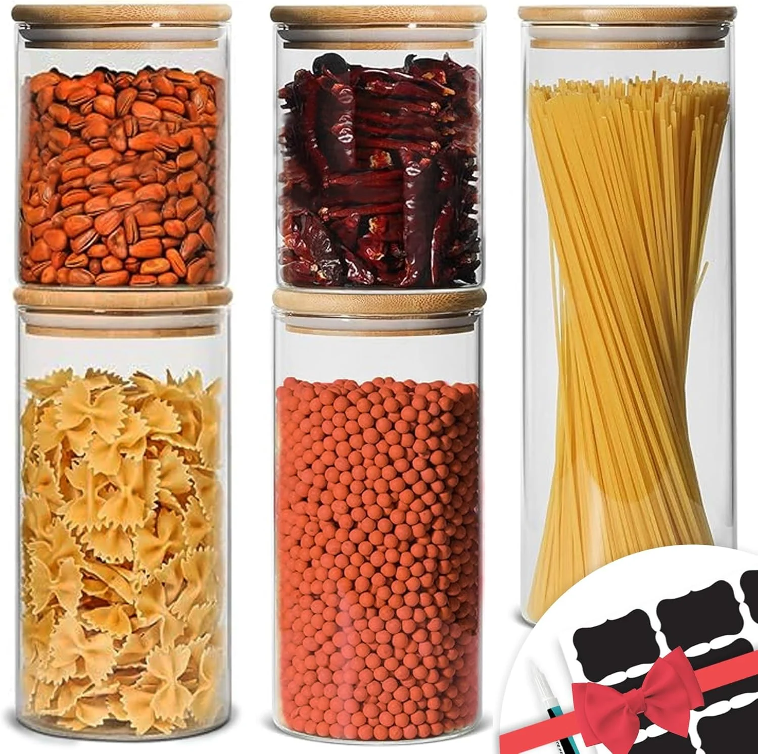 ست 5 عددی ظروف شیشه ای گرد آمراه با درب بامبو، 600، 900، 1200 میلی لیتر، ظروف شیشه ای شفاف قابل چیدن، ظروف آشپزخانه با درب های محکم برای نگهداری مواد غذایی، چای، قهوه، شکر، نمک، ادویه جات، پاستا و حبوبات