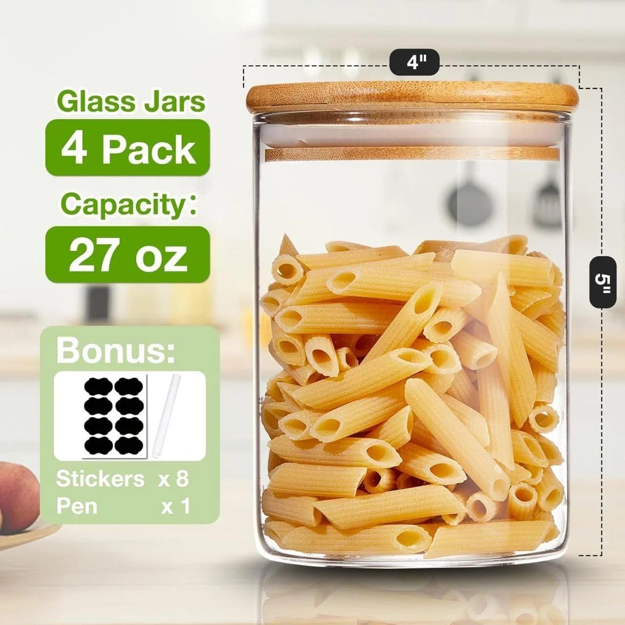 ظرف شیشه ای گرد درب بامبو AMROAH، 750 میلی لیتر، مناسب برای نگهداری مواد غذایی، قهوه، چای، کوکی، پاستا، حبوبات و گیاهان دارویی - 4 عدد