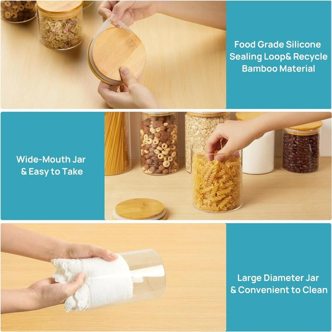 ست 7 عددی ظروف شیشه ای گرد AMROAH با درب بامبو، ظروف آشپزخانه شفاف قابل چیدن 400-2200 میلی لیتر با درب محکم برای نگهداری مواد غذایی، چای، قهوه، ادویه، کلوچه، آبنبات، گیاهان و غلات