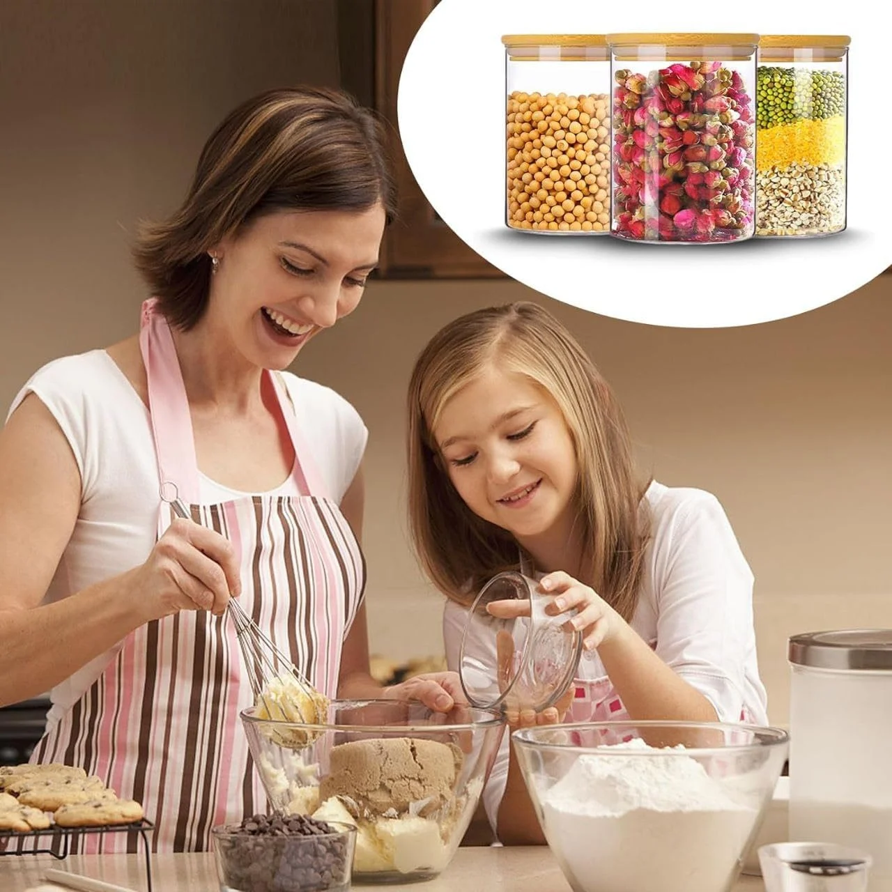 ظرف شیشه ای گرد درب بامبو AMROAH، 750 میلی لیتر، مناسب برای نگهداری مواد غذایی، قهوه، چای، کوکی، پاستا، حبوبات و گیاهان دارویی - 4 عدد